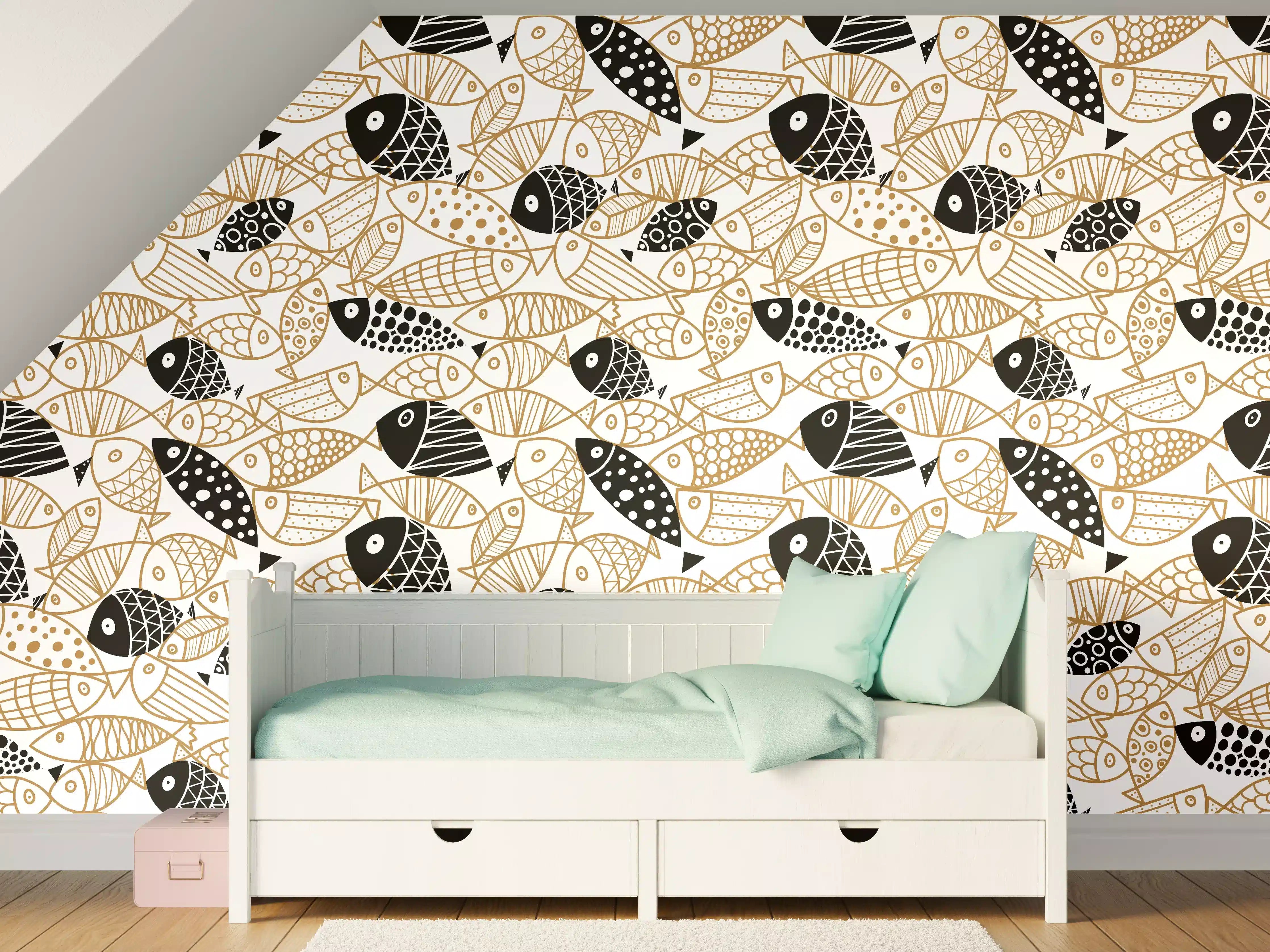 Kinderzimmer Wandgestaltung - Schwarz-Gold Fische Muster