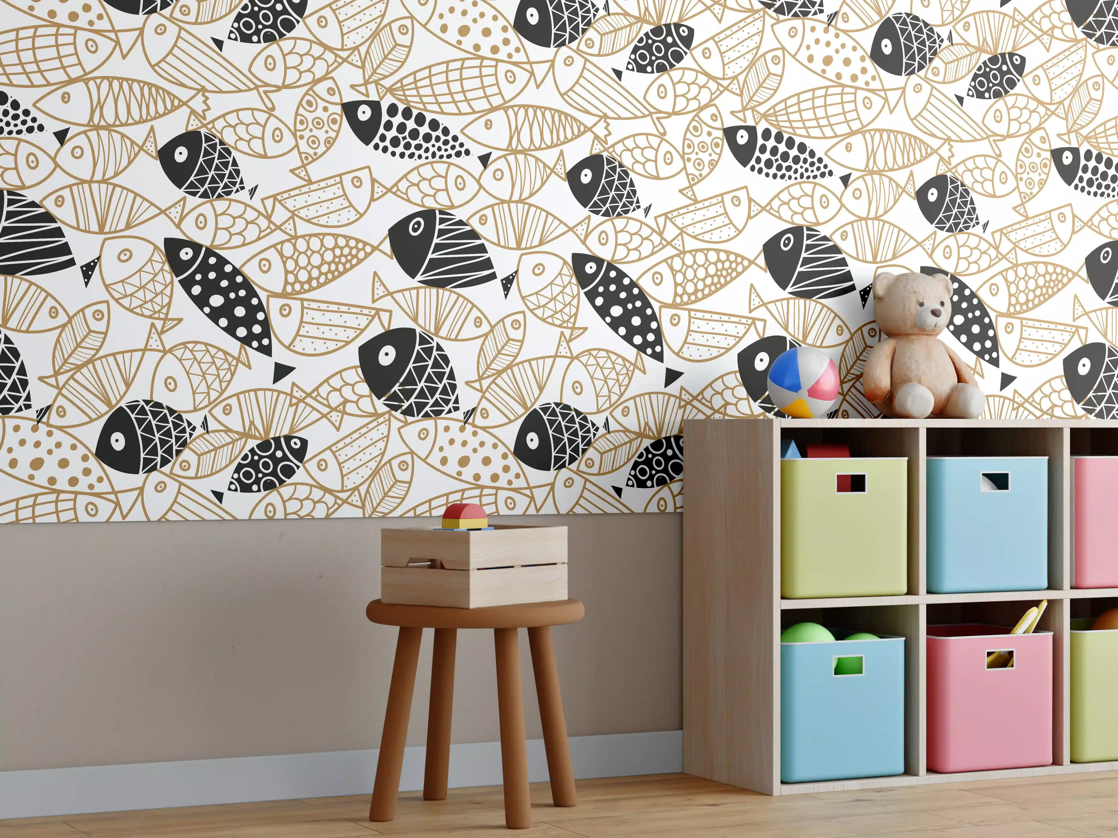 Kinderzimmer Wandgestaltung - Schwarz-Gold Fische Muster