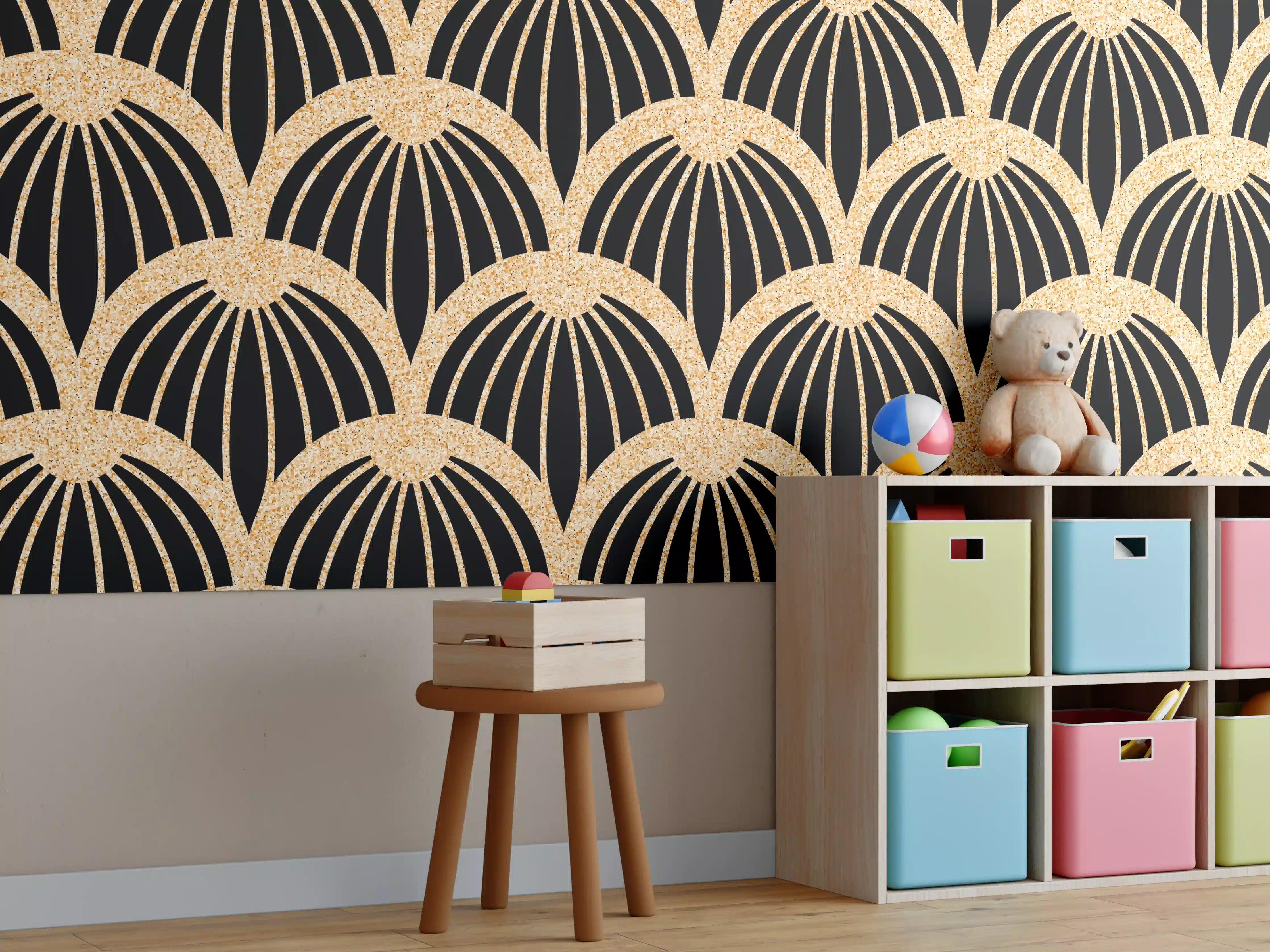 Kinderzimmer Wandgestaltung - Schwarz-Goldene Art Deco Muster