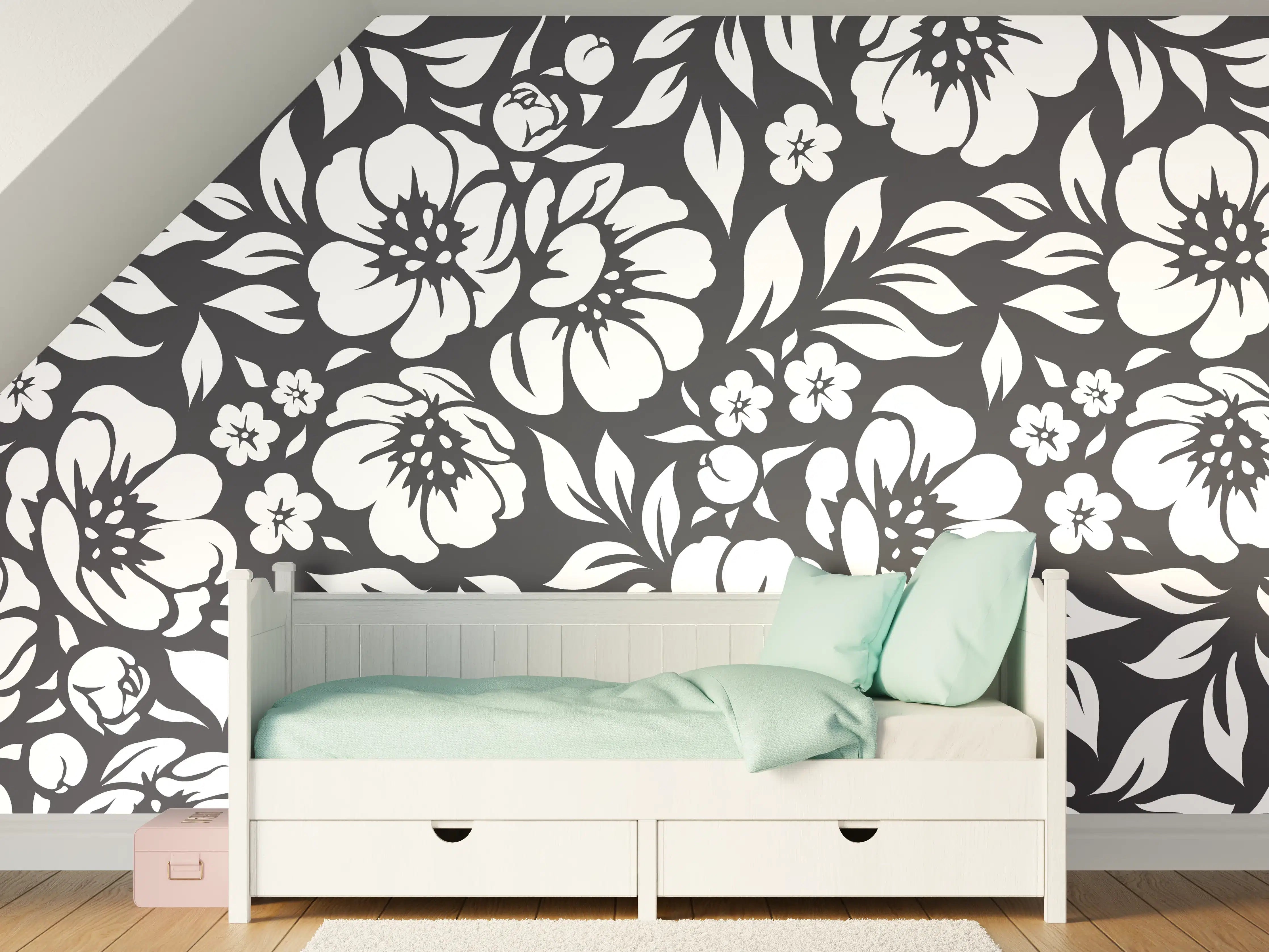 Kinderzimmer Wandgestaltung - Schwarz-Weiß-Blumenmuster
