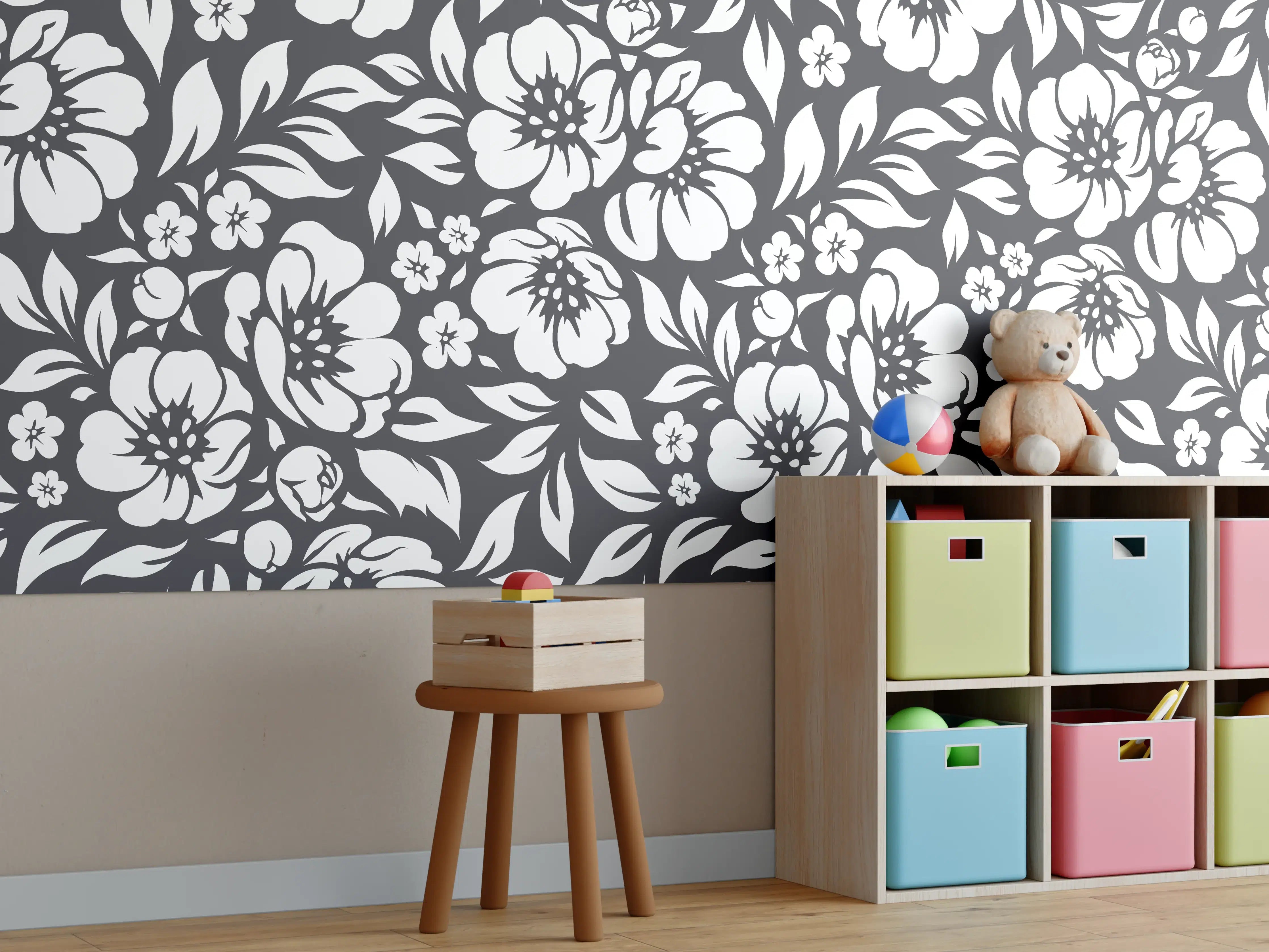 Kinderzimmer Wandgestaltung - Schwarz-Weiß-Blumenmuster