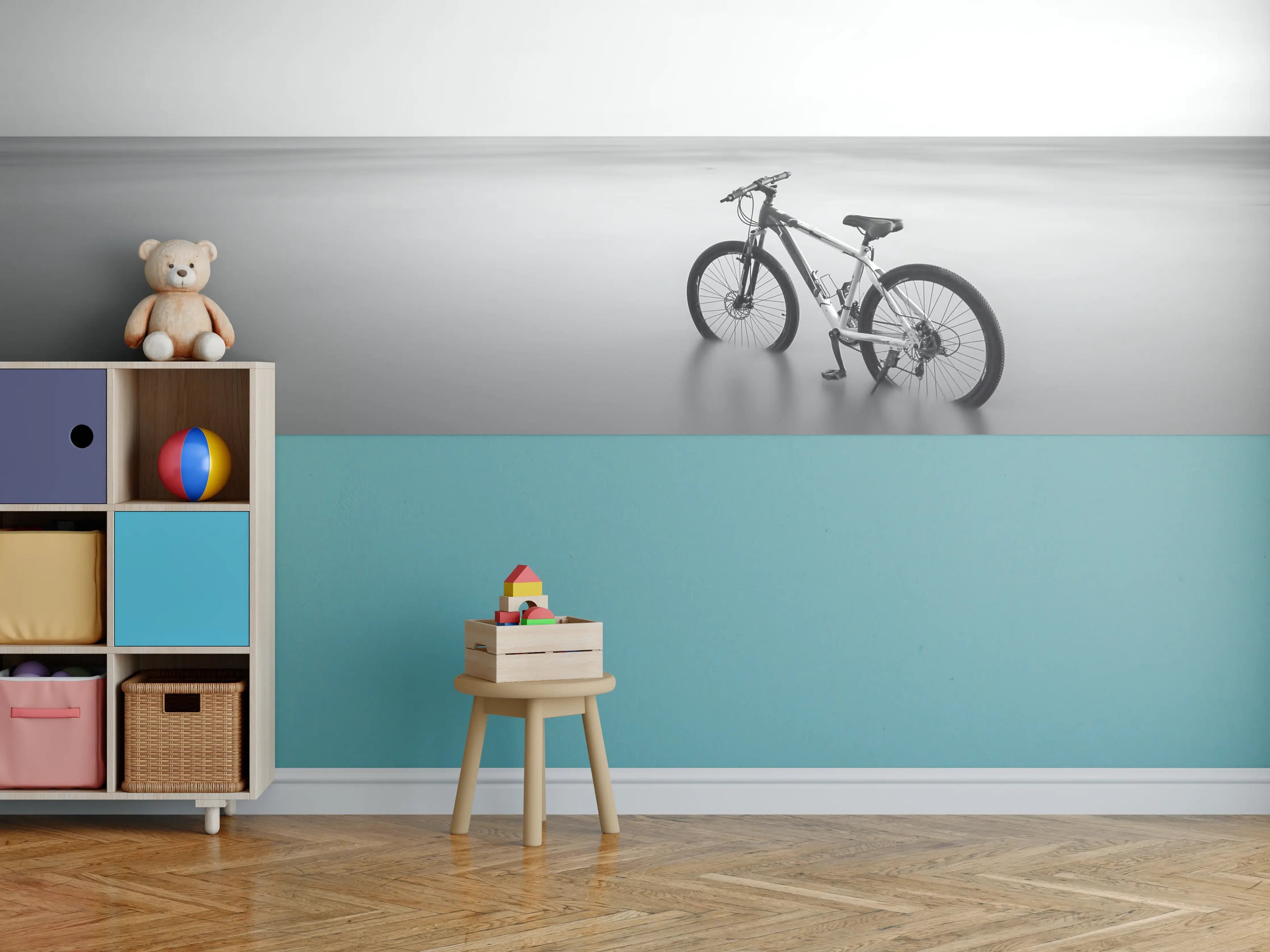 Kinderzimmer Wandgestaltung - Schwarz-Weiß-Fahrrad am ruhigen Strand