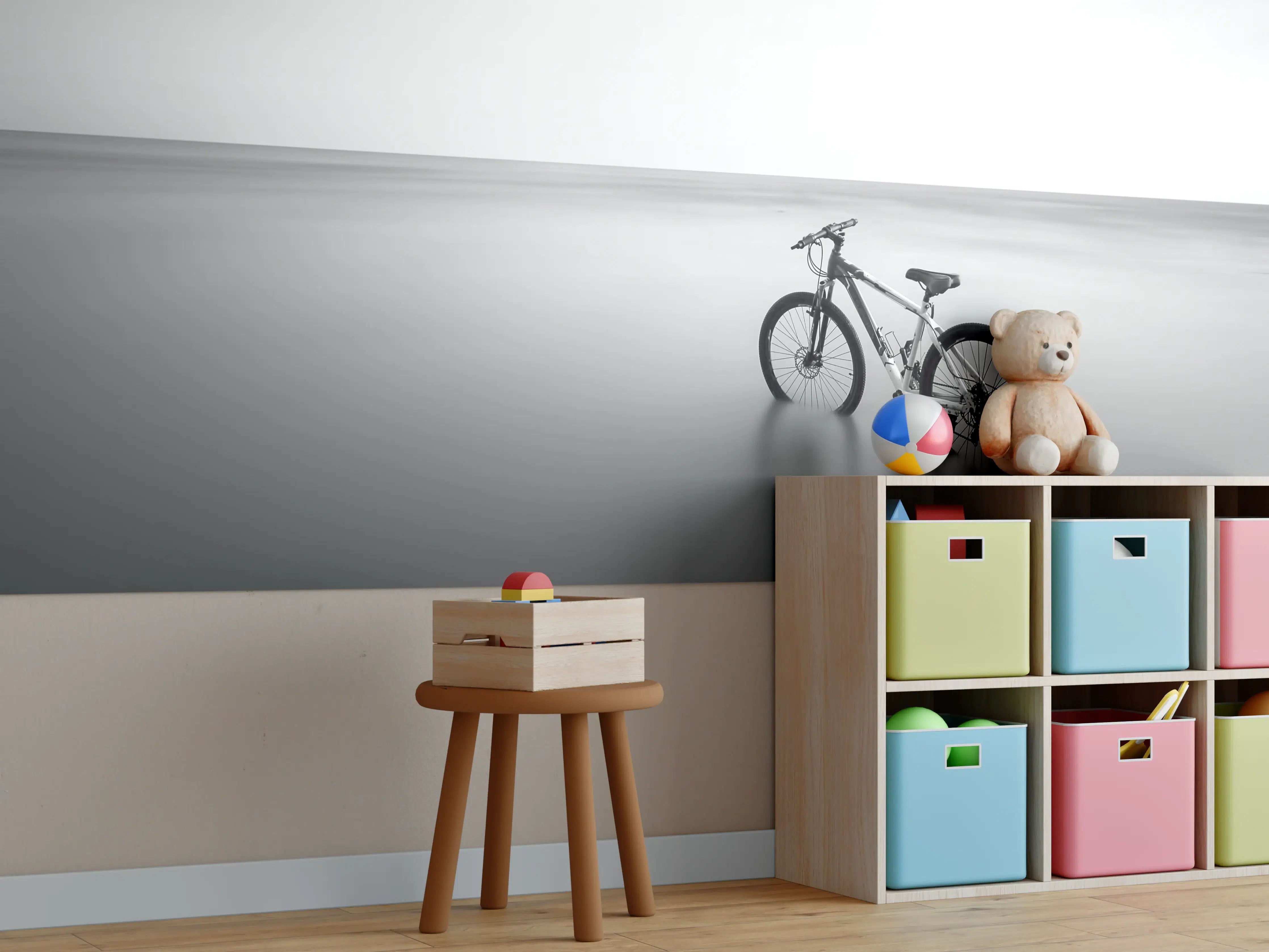 Kinderzimmer Wandgestaltung - Schwarz-Weiß-Fahrrad am ruhigen Strand
