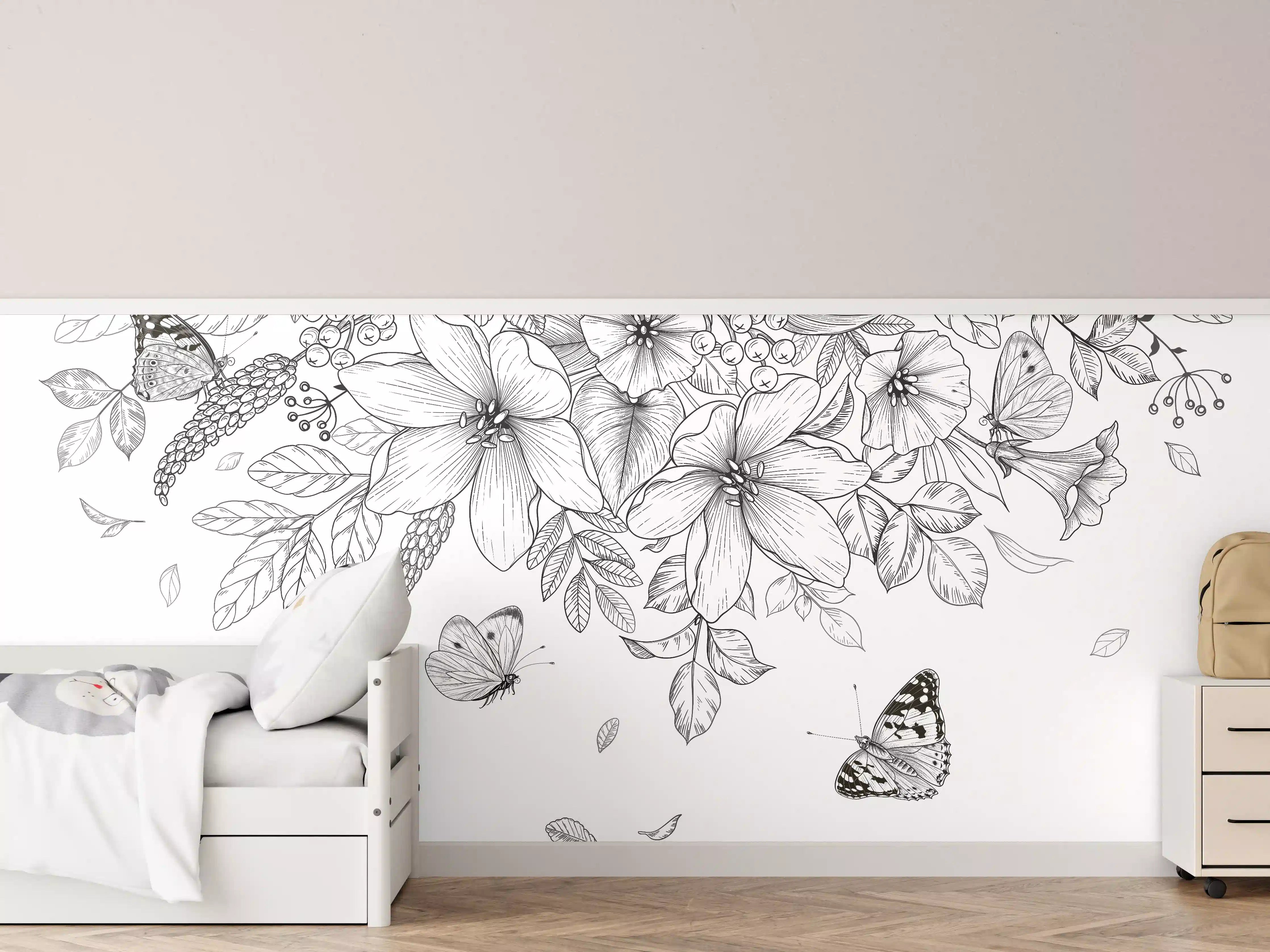 Kinderzimmer Wandgestaltung - Schwarz-Weiß Floralzeichnung