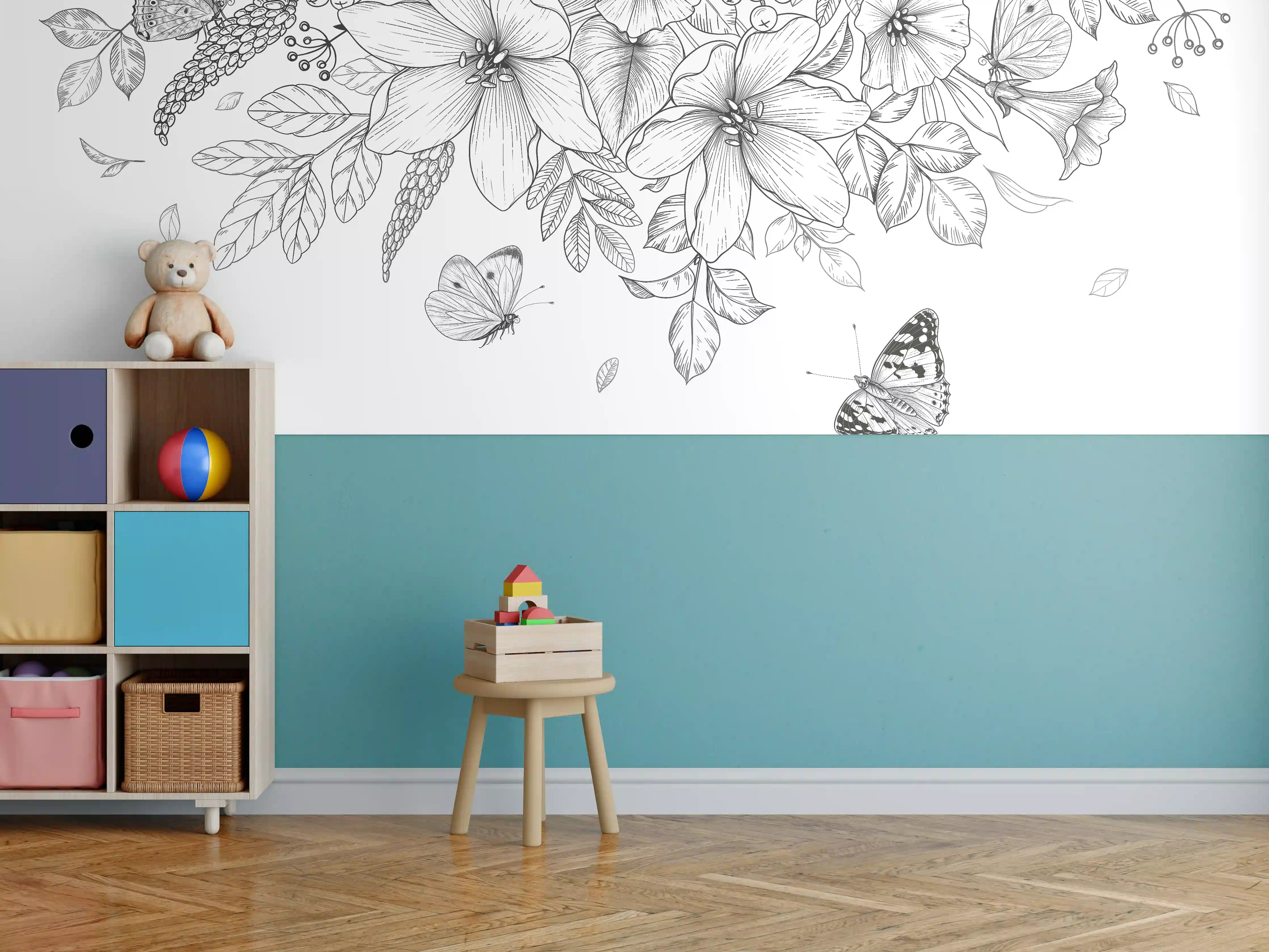 Kinderzimmer Wandgestaltung - Schwarz-Weiß Floralzeichnung