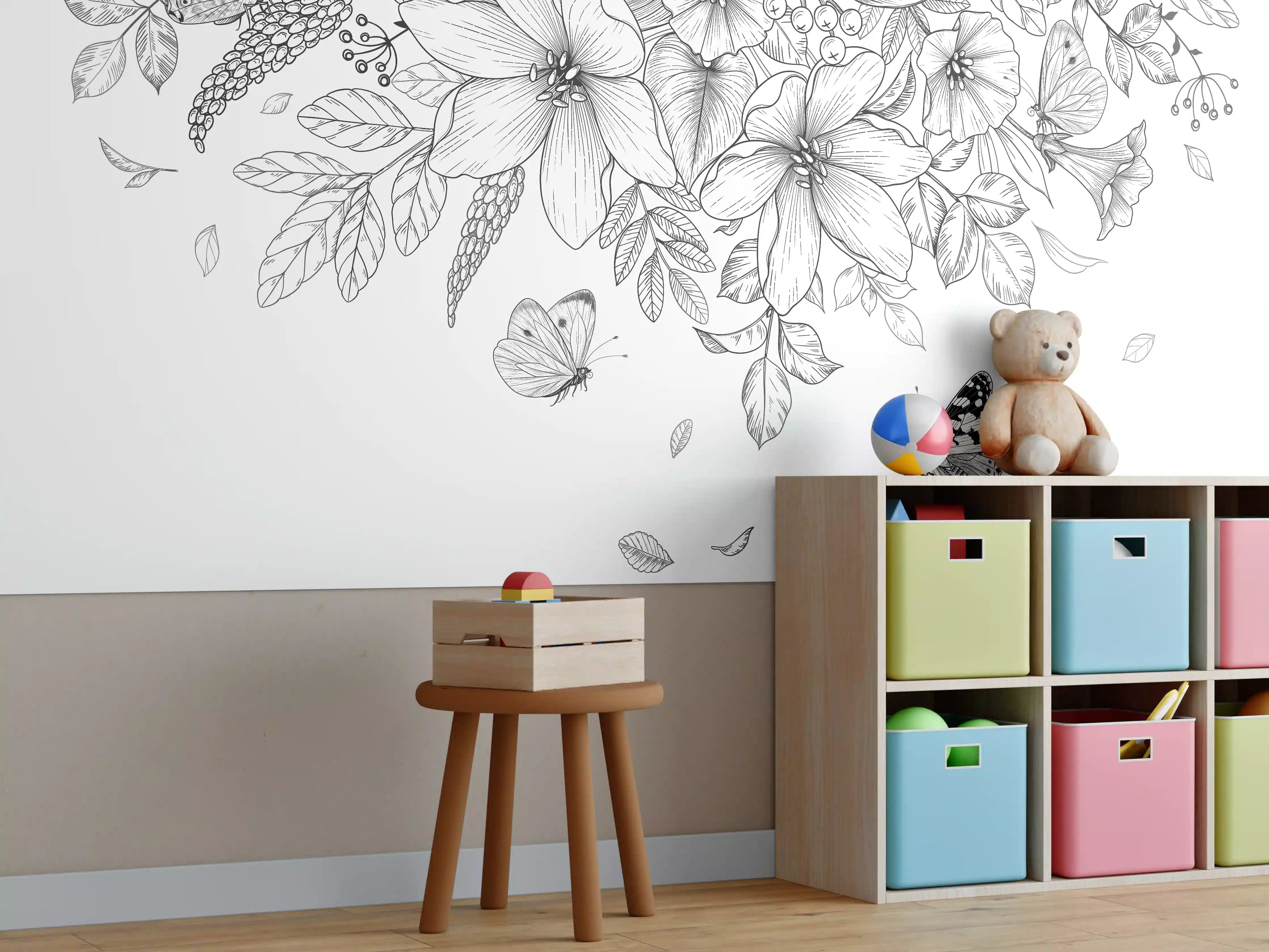 Kinderzimmer Wandgestaltung - Schwarz-Weiß Floralzeichnung