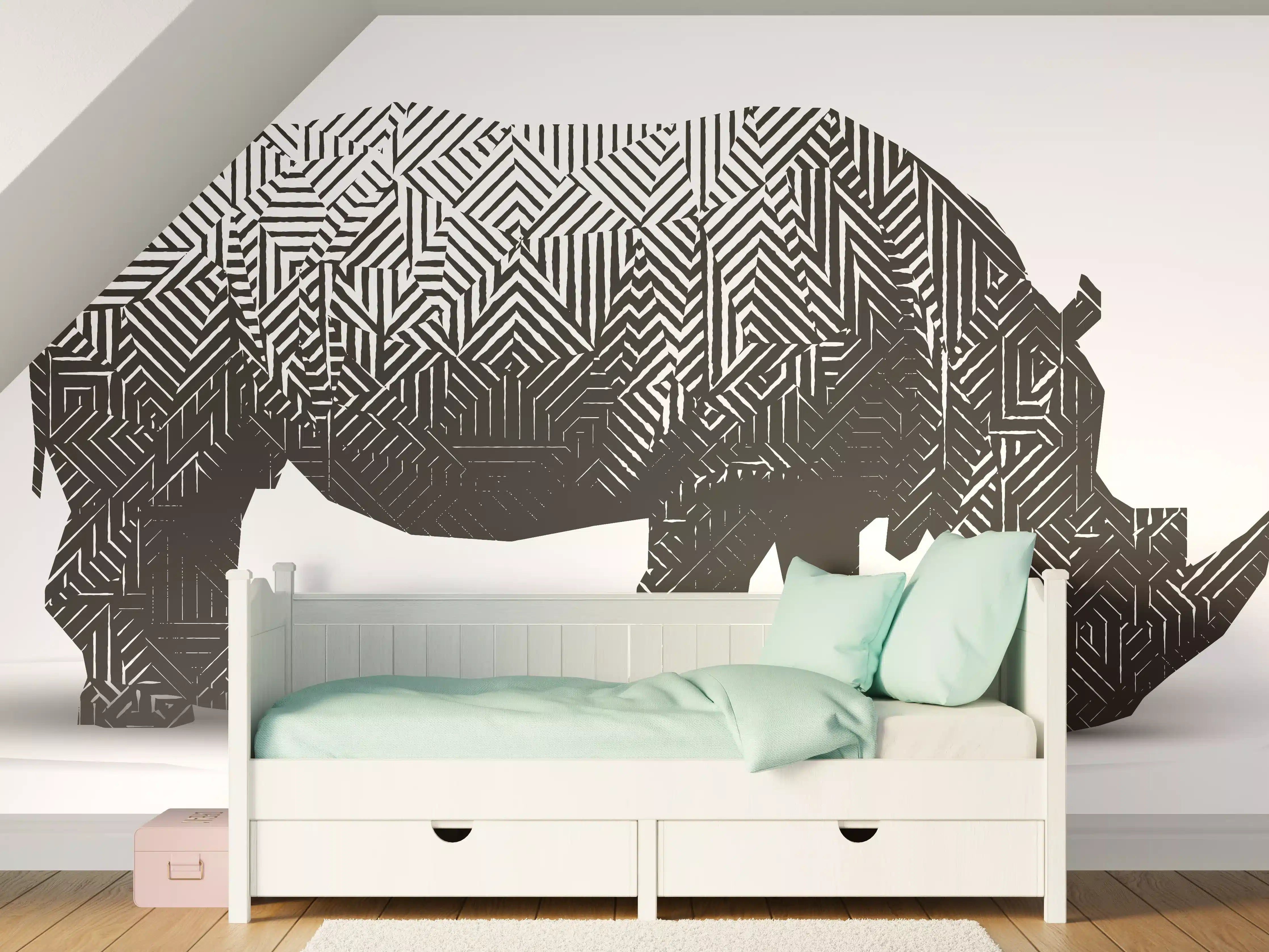 Kinderzimmer Wandgestaltung - Schwarz-Weiß Grafik Nashorn