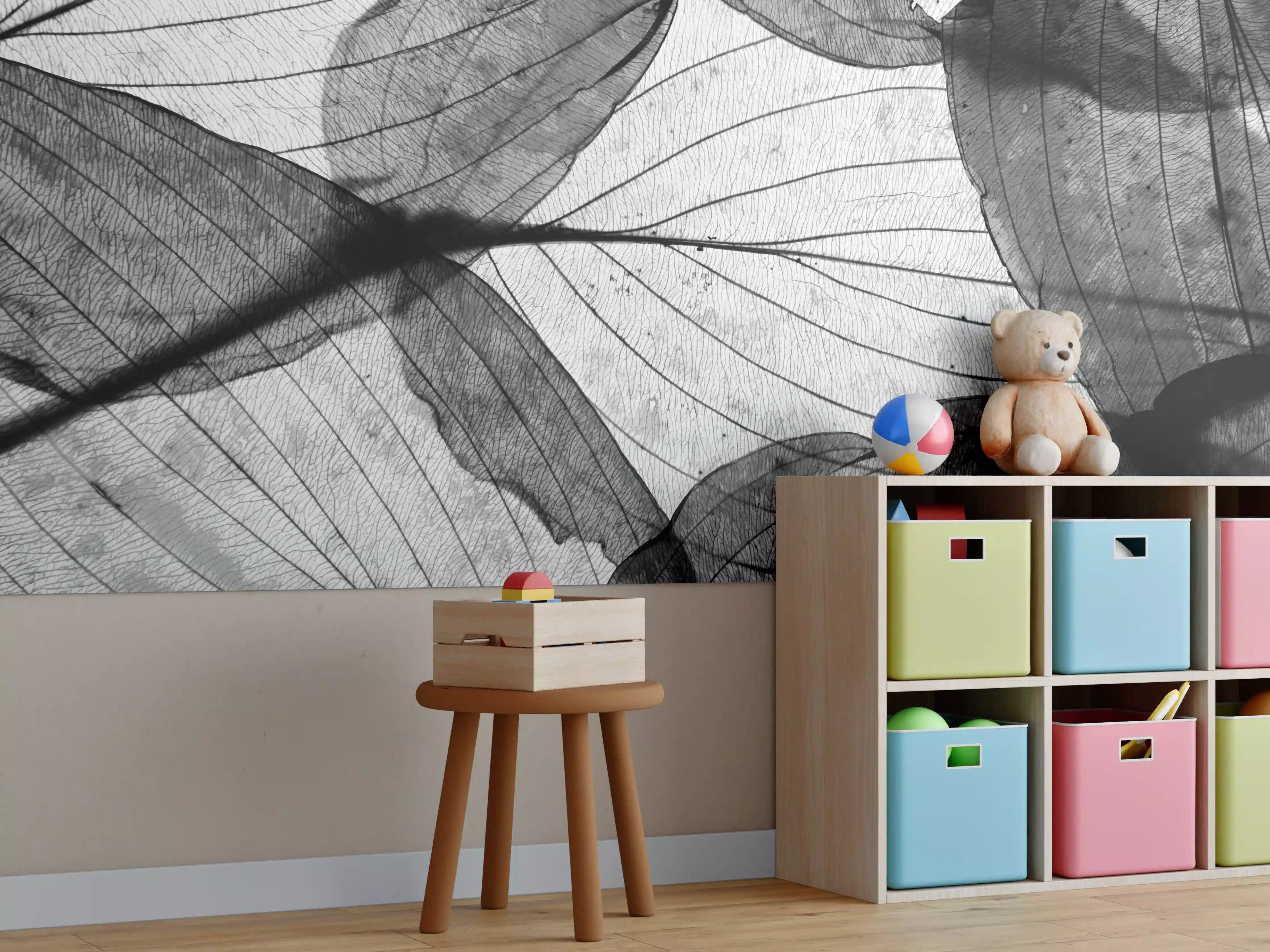 Kinderzimmer Wandgestaltung - Schwarz-Weiß Herbstlaub Textur