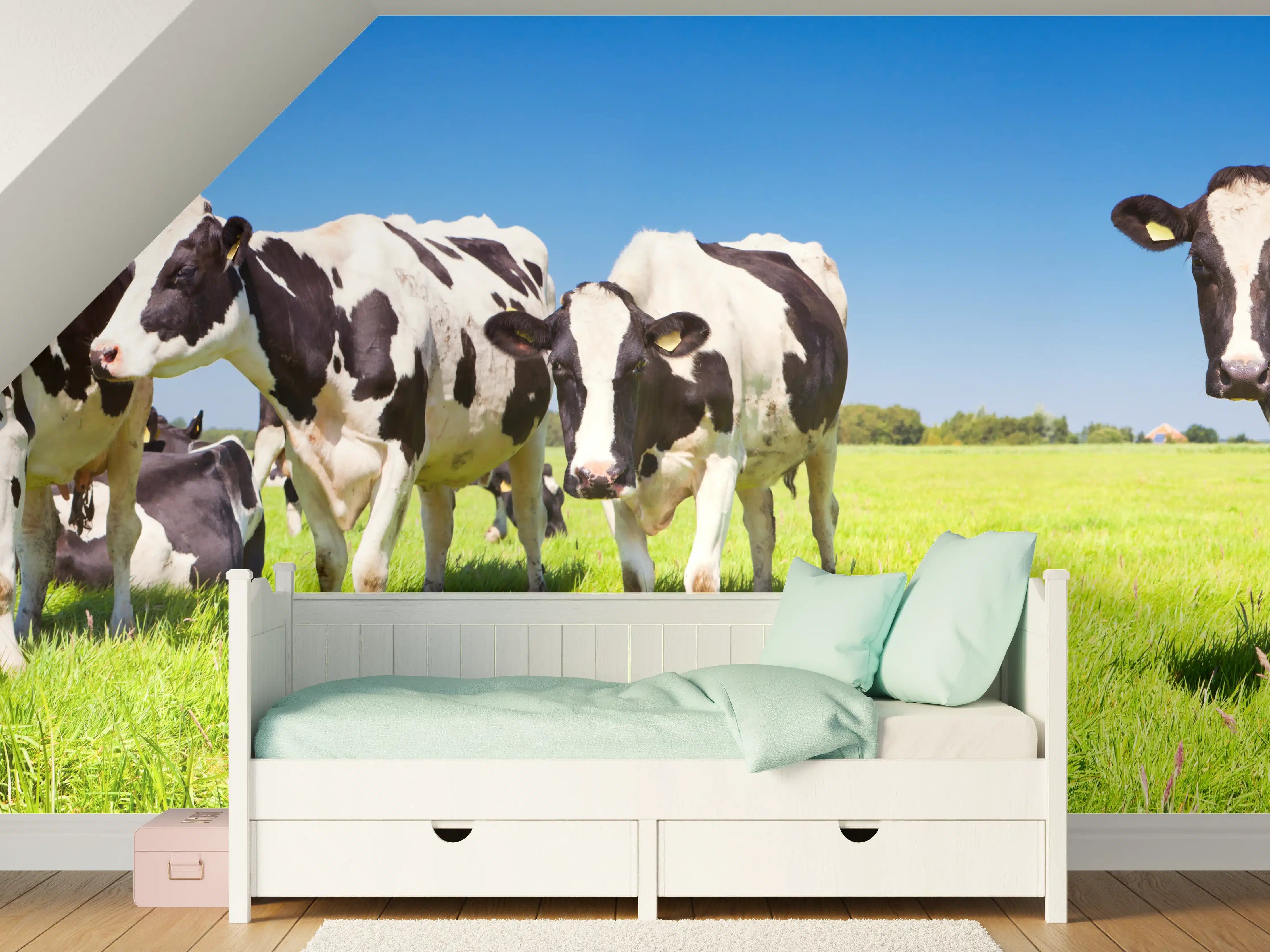 Kinderzimmer Wandgestaltung - Schwarz-Weiß-Kühe auf grüner Weide