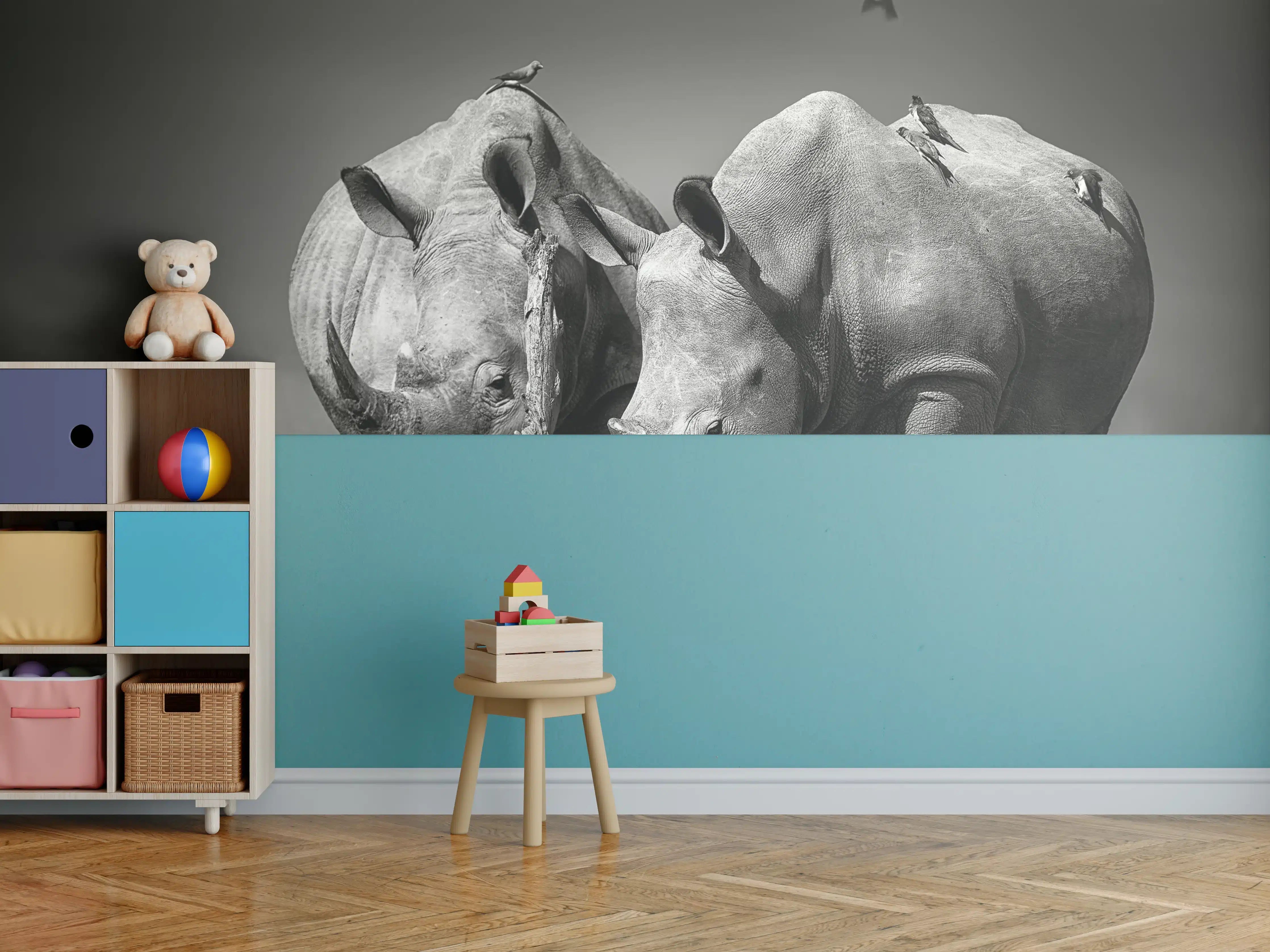 Kinderzimmer Wandgestaltung - Schwarz-Weiß-Nashörner mit fliegenden Vögeln