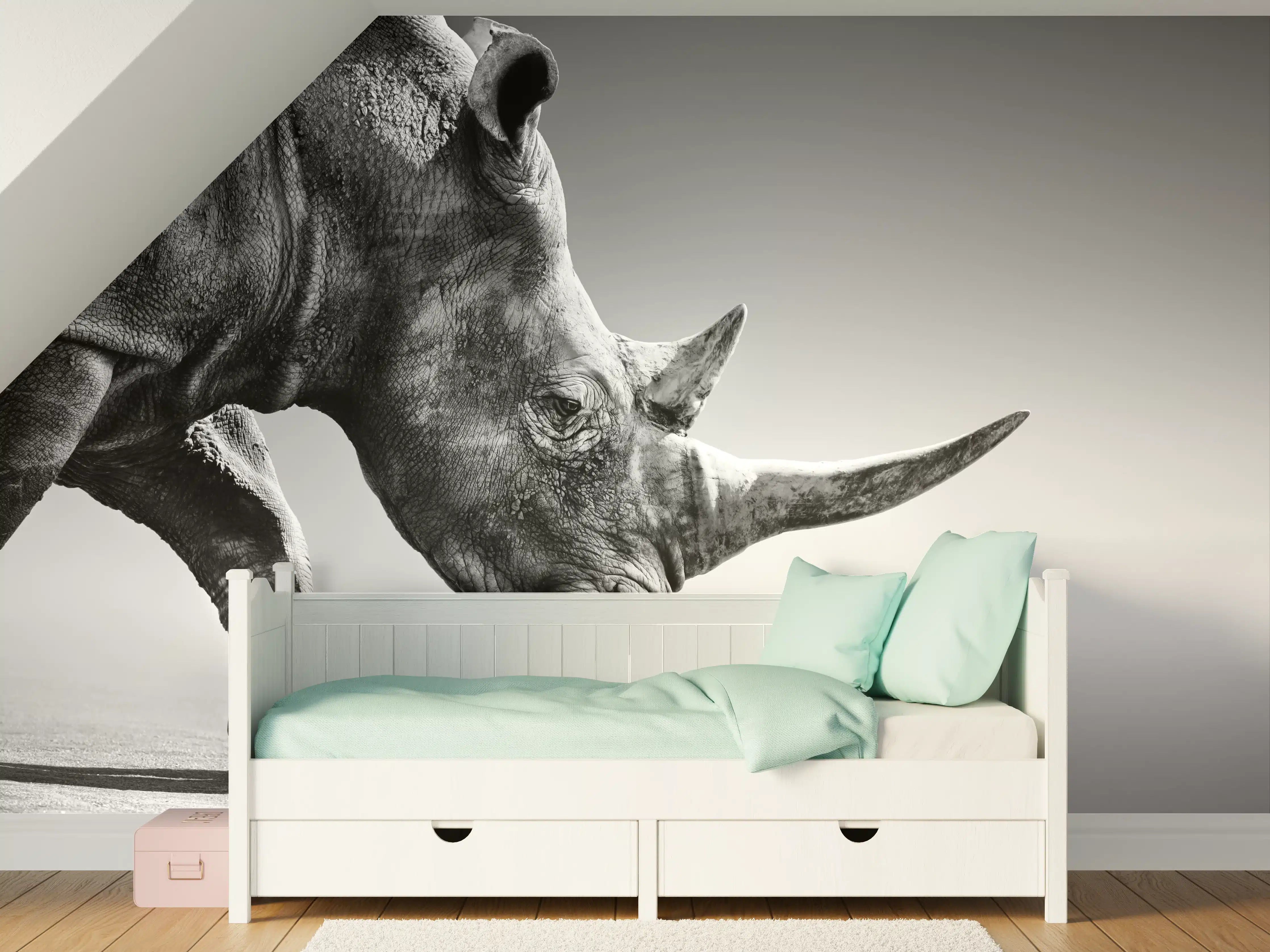Kinderzimmer Wandgestaltung - Schwarz-Weiß-Rhino in Nahaufnahme