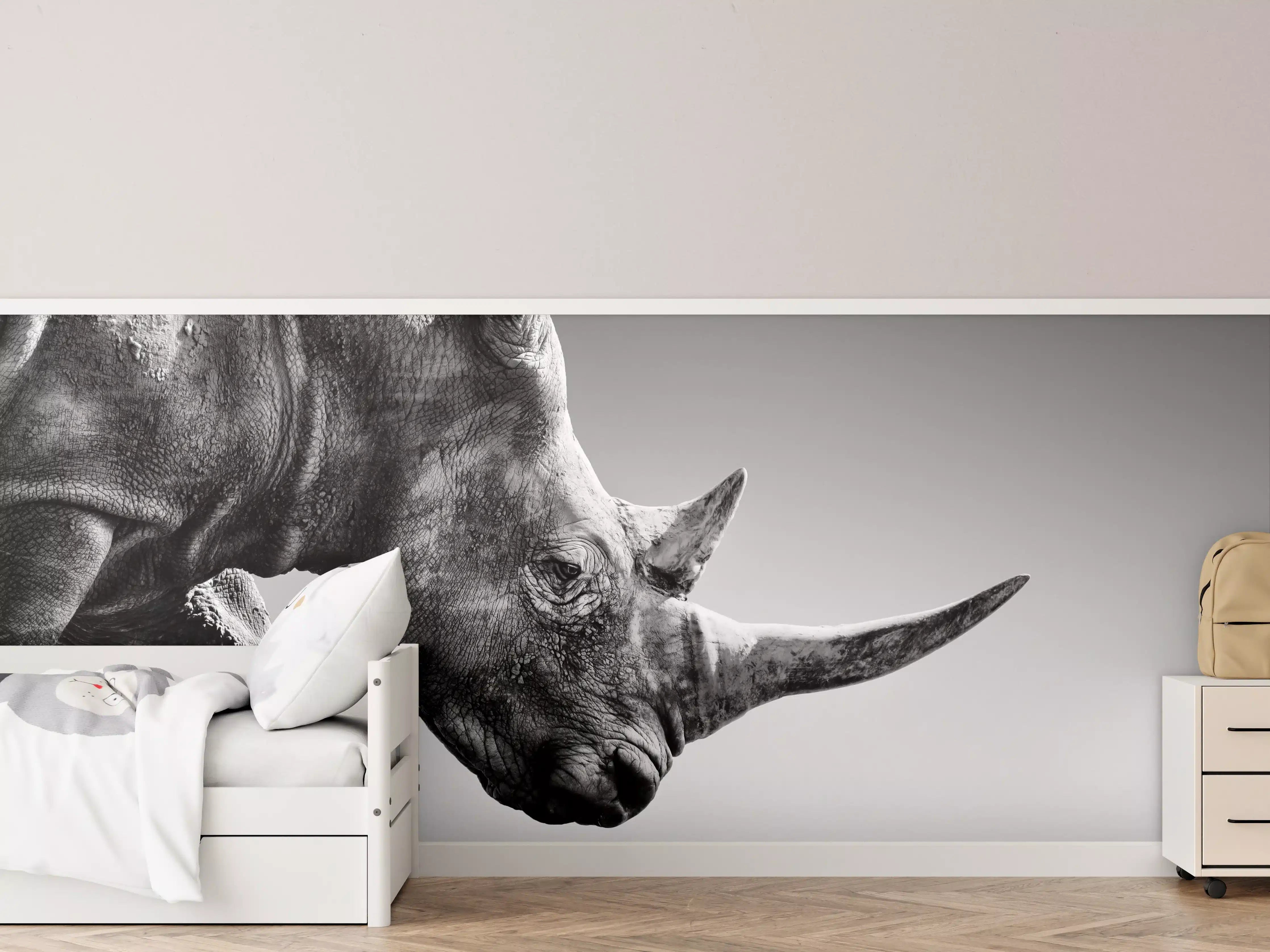 Kinderzimmer Wandgestaltung - Schwarz-Weiß-Rhino in Nahaufnahme