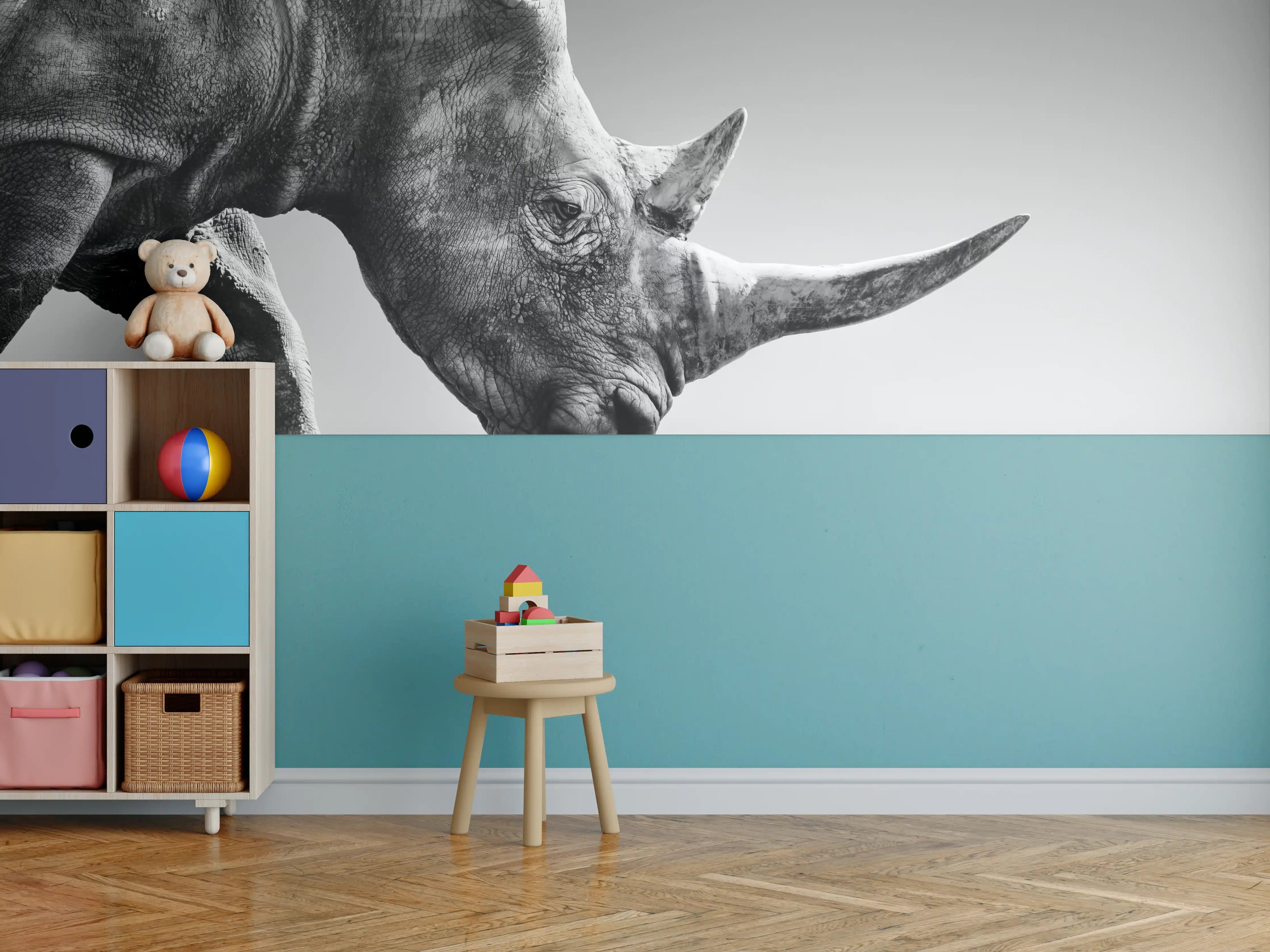 Kinderzimmer Wandgestaltung - Schwarz-Weiß-Rhino in Nahaufnahme