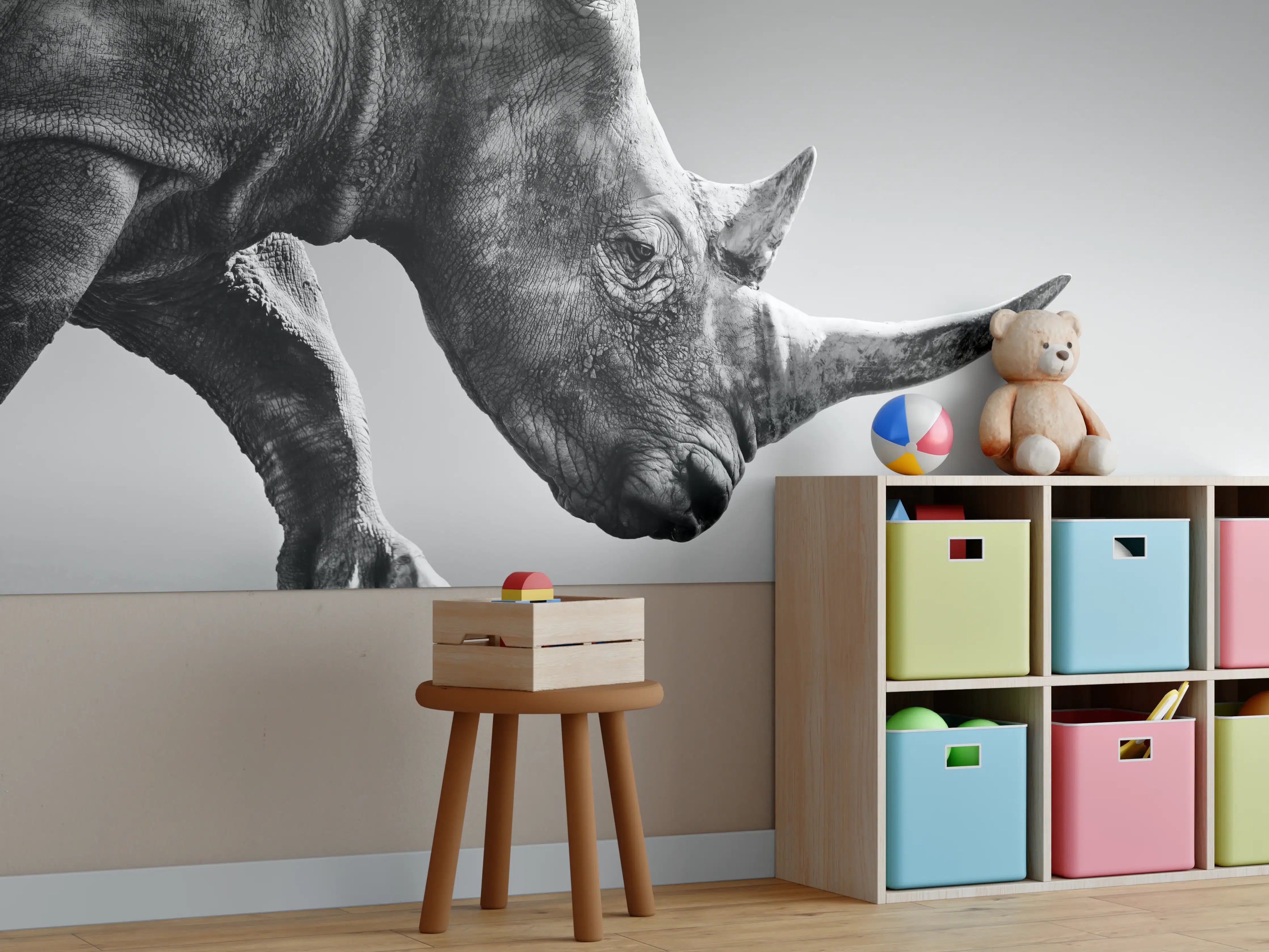 Kinderzimmer Wandgestaltung - Schwarz-Weiß-Rhino in Nahaufnahme