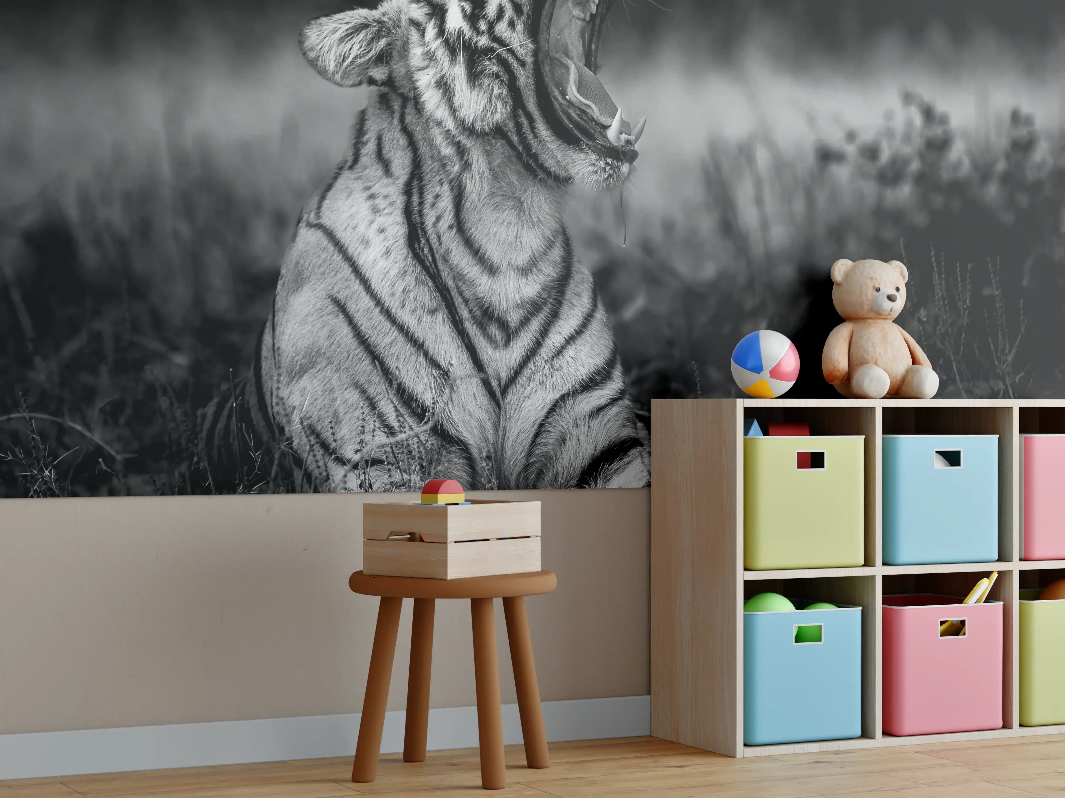 Kinderzimmer Wandgestaltung - Schwarz-Weiß-Tiger im Dämmerlicht