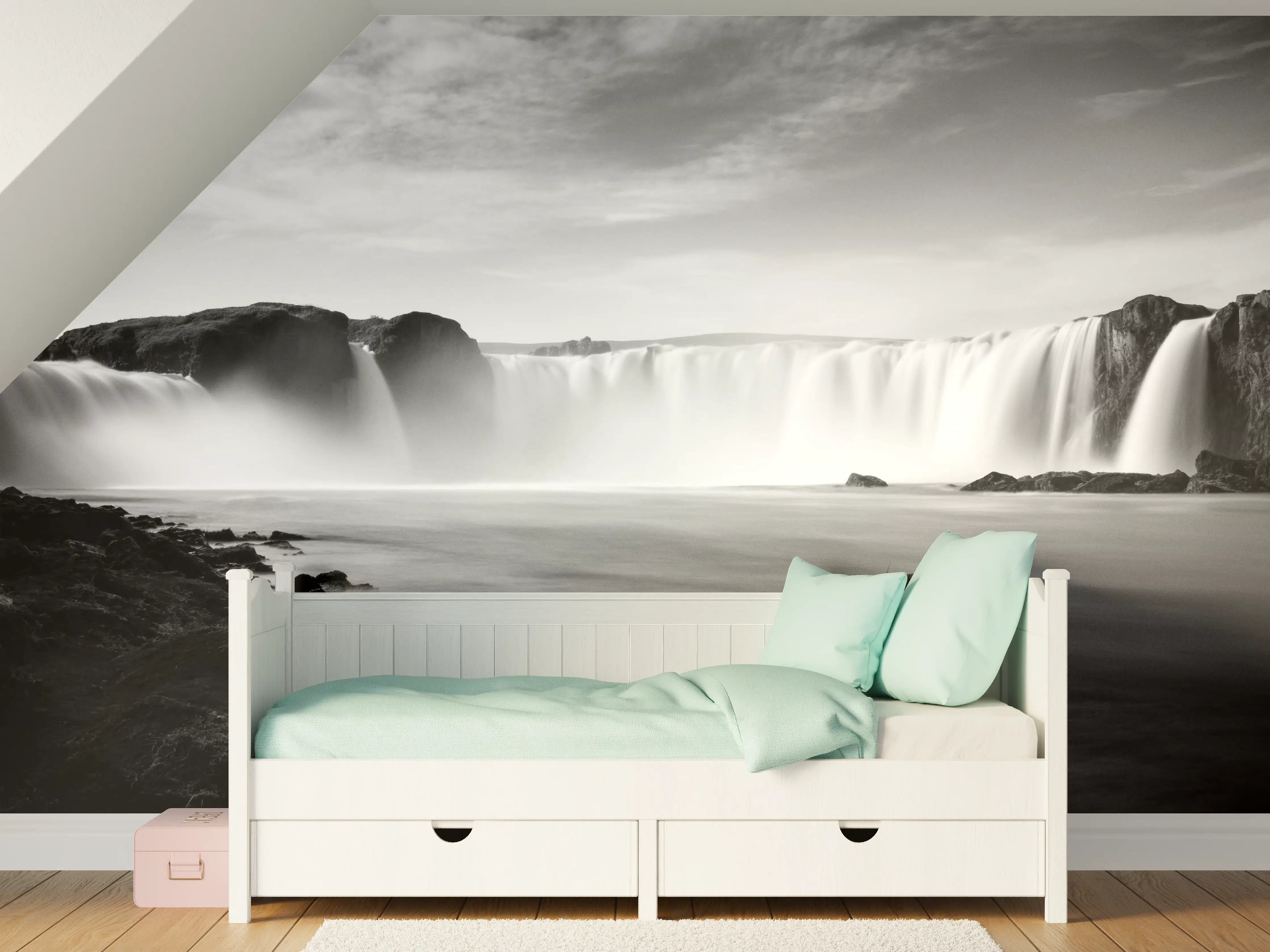 Kinderzimmer Wandgestaltung - Schwarz-Weiß Wasserfallpanorama