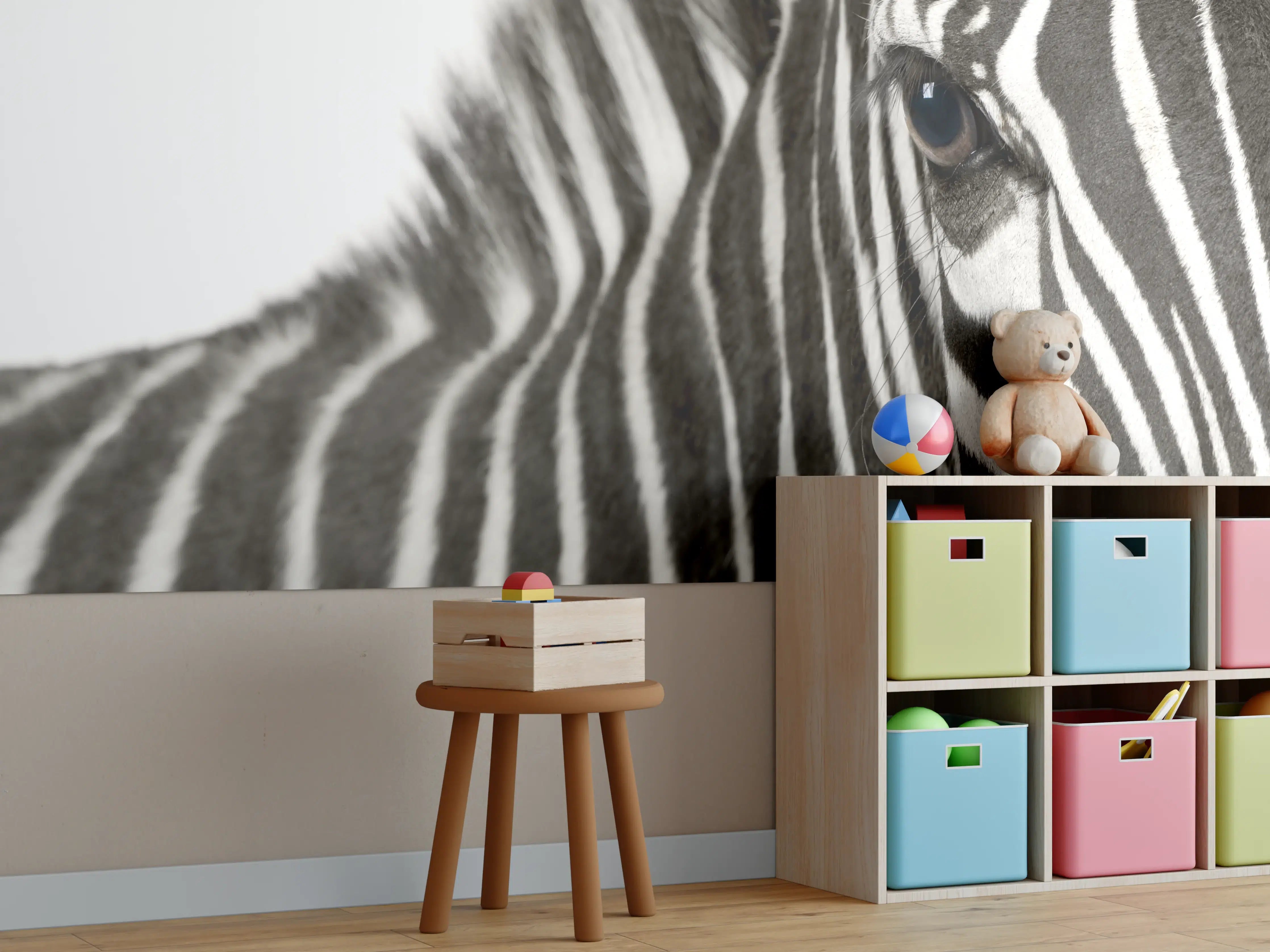 Kinderzimmer Wandgestaltung - Schwarz-Weiß Zebra mit Fokus auf Kopfdetails
