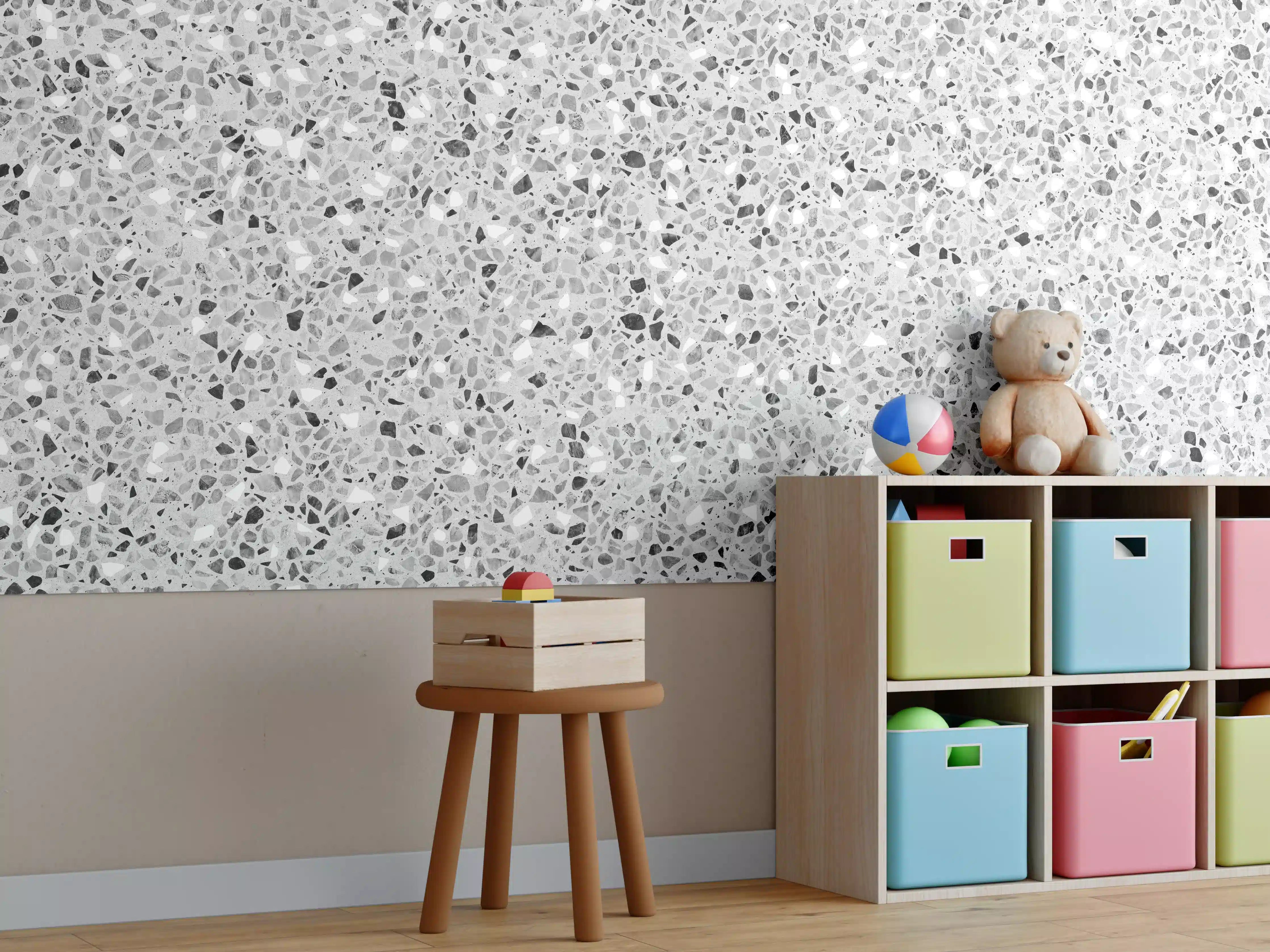Kinderzimmer Wandgestaltung - Schwarz-Weiße graue Terrazzo Stein Textur