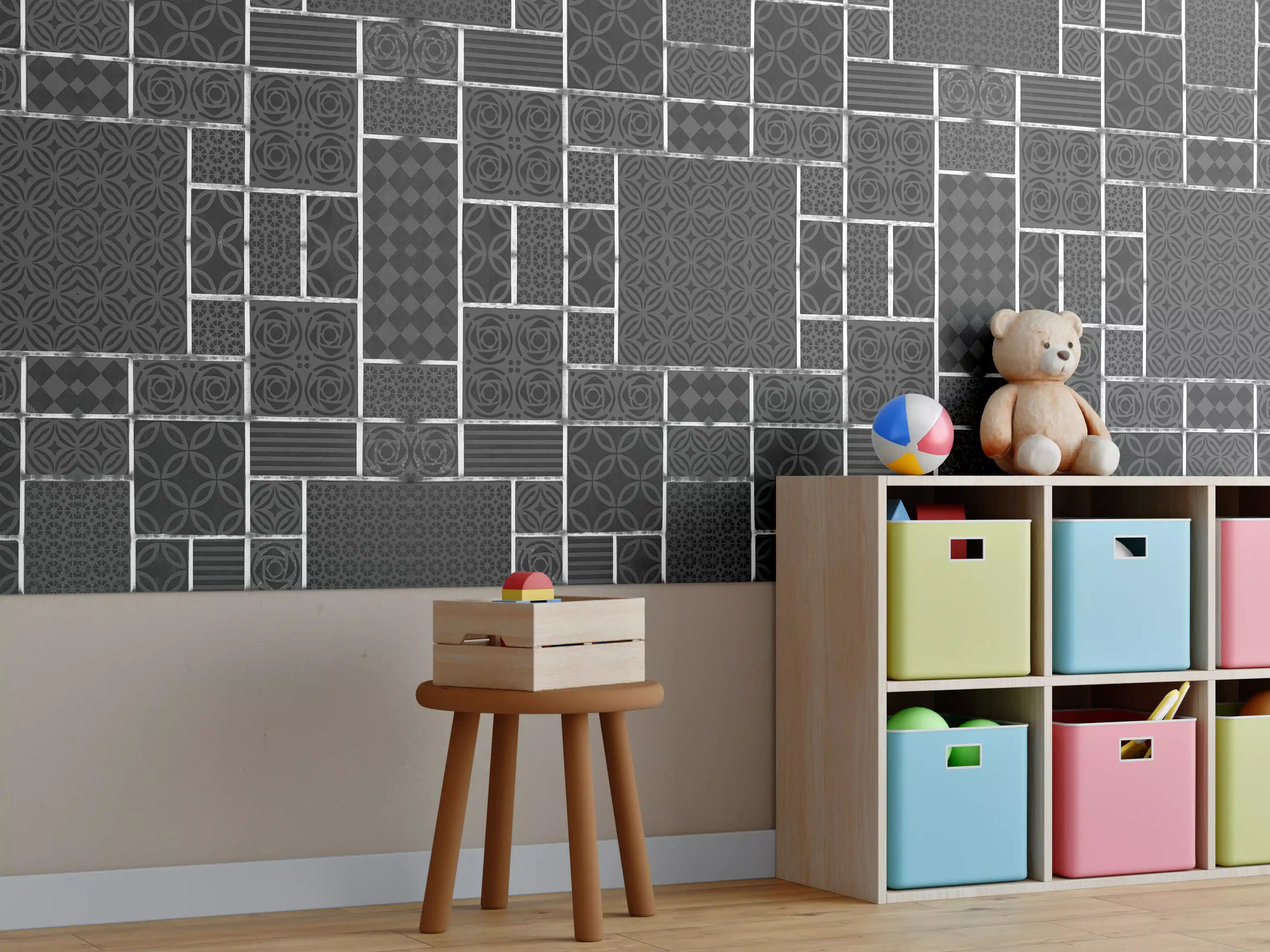 Kinderzimmer Wandgestaltung - Schwarz geometrische Fliesen
