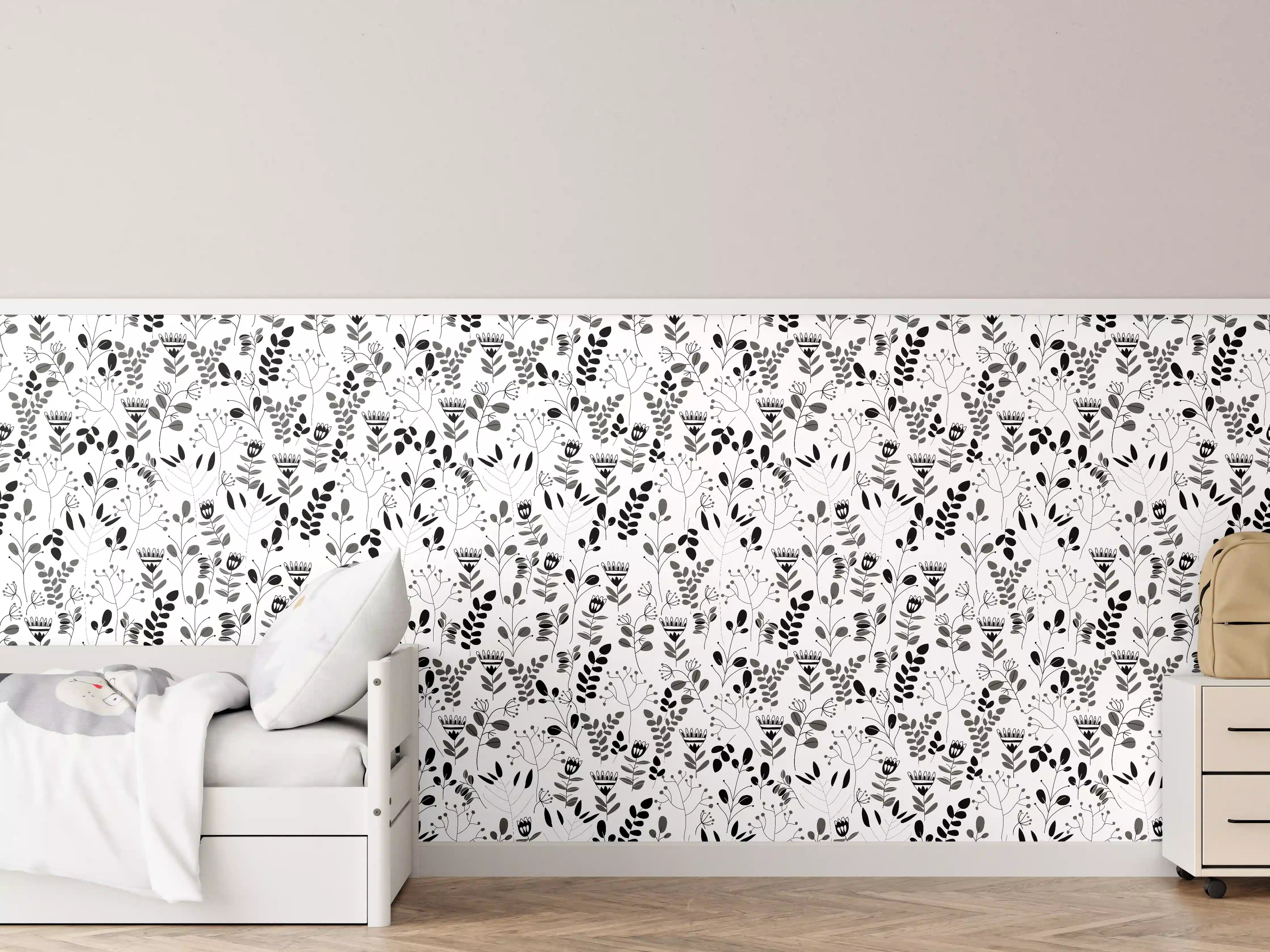 Kinderzimmer Wandgestaltung - Schwarz-weiße florale Musterwanddekoration
