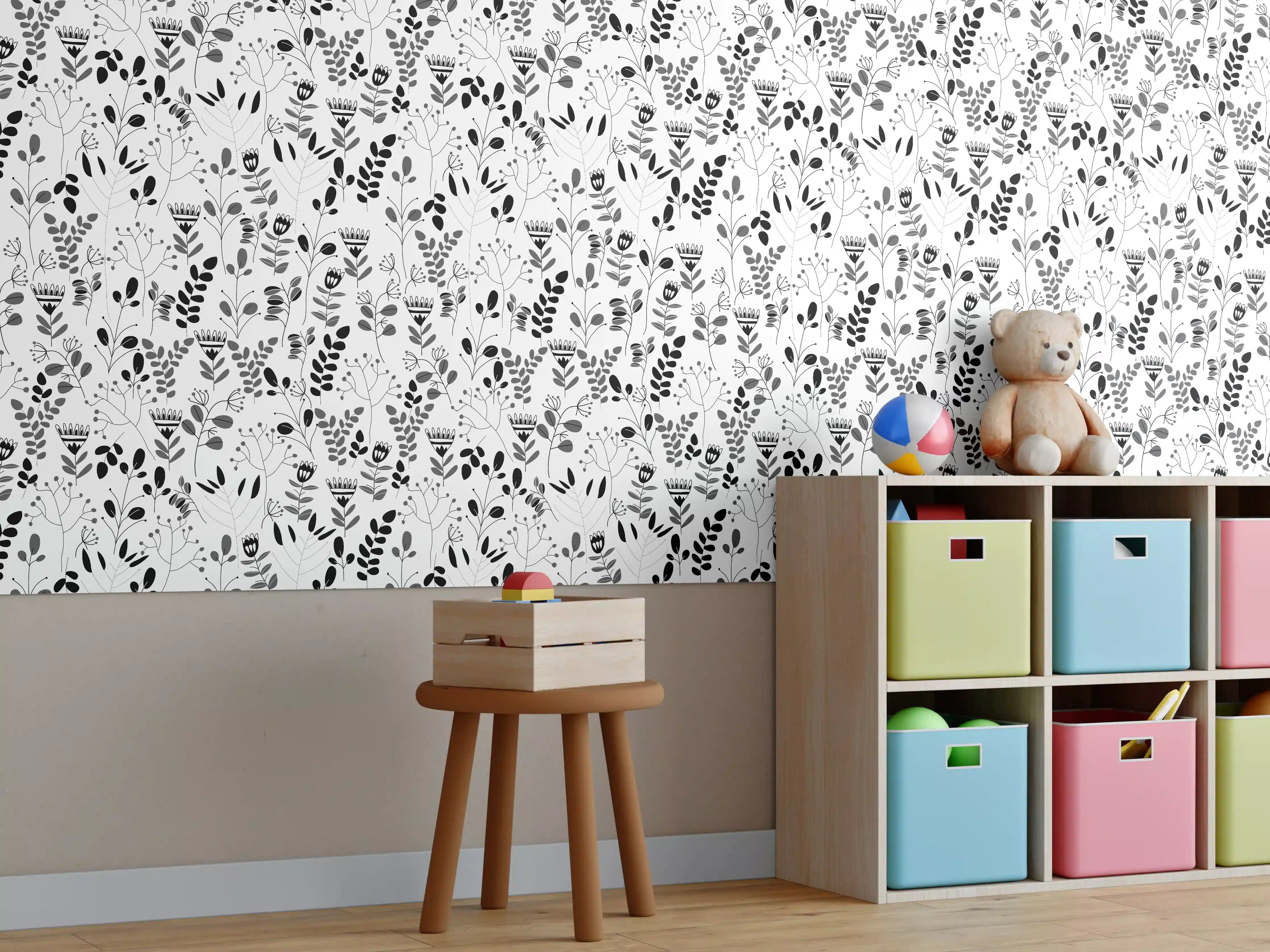 Kinderzimmer Wandgestaltung - Schwarz-weiße florale Musterwanddekoration