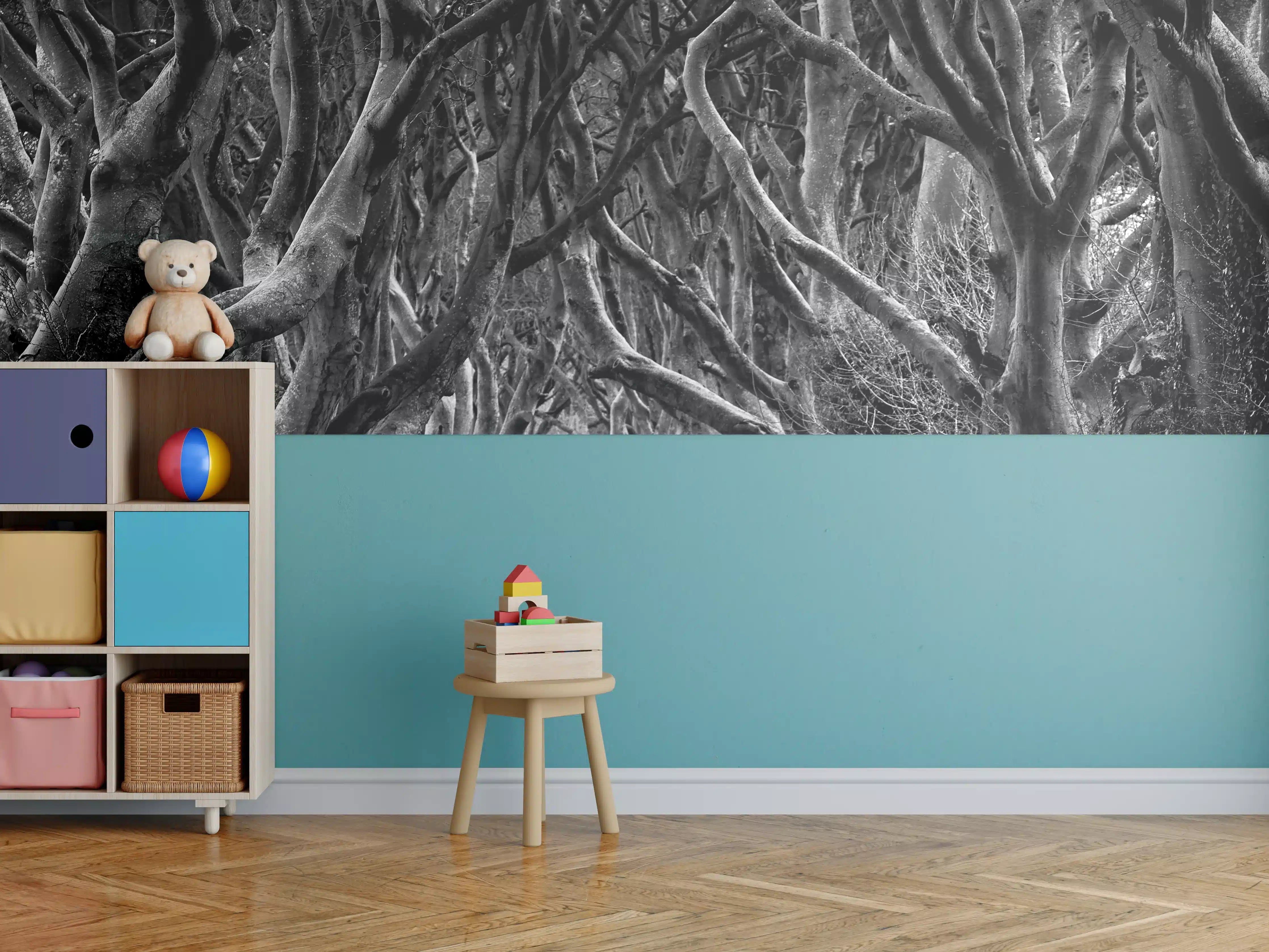 Kinderzimmer Wandgestaltung - Schwarz, weißer Waldweg