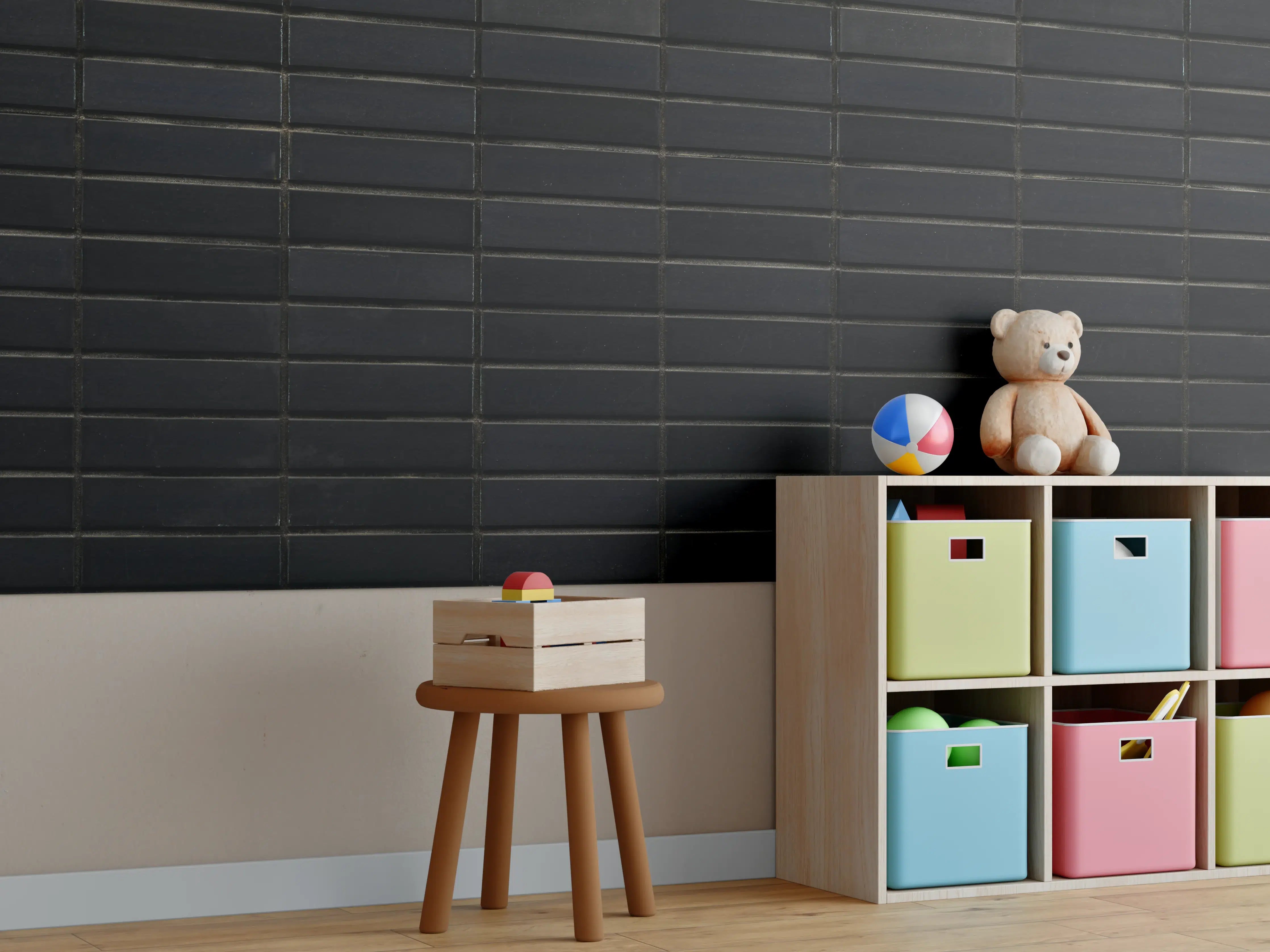 Kinderzimmer Wandgestaltung - Schwarze Backsteinmauer mit goldener Akzent