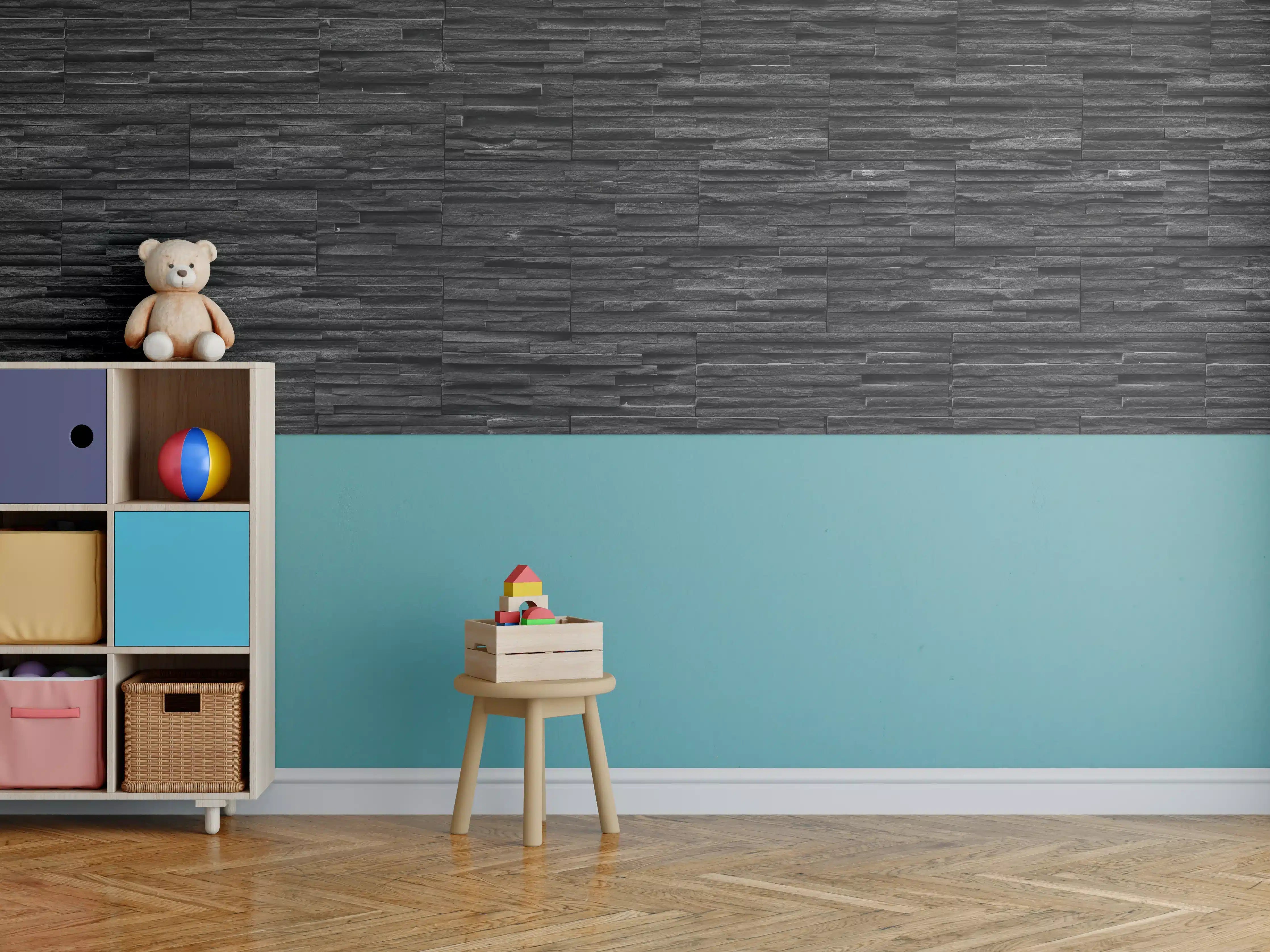 Kinderzimmer Wandgestaltung - Schwarze Schieferstein-Mauer
