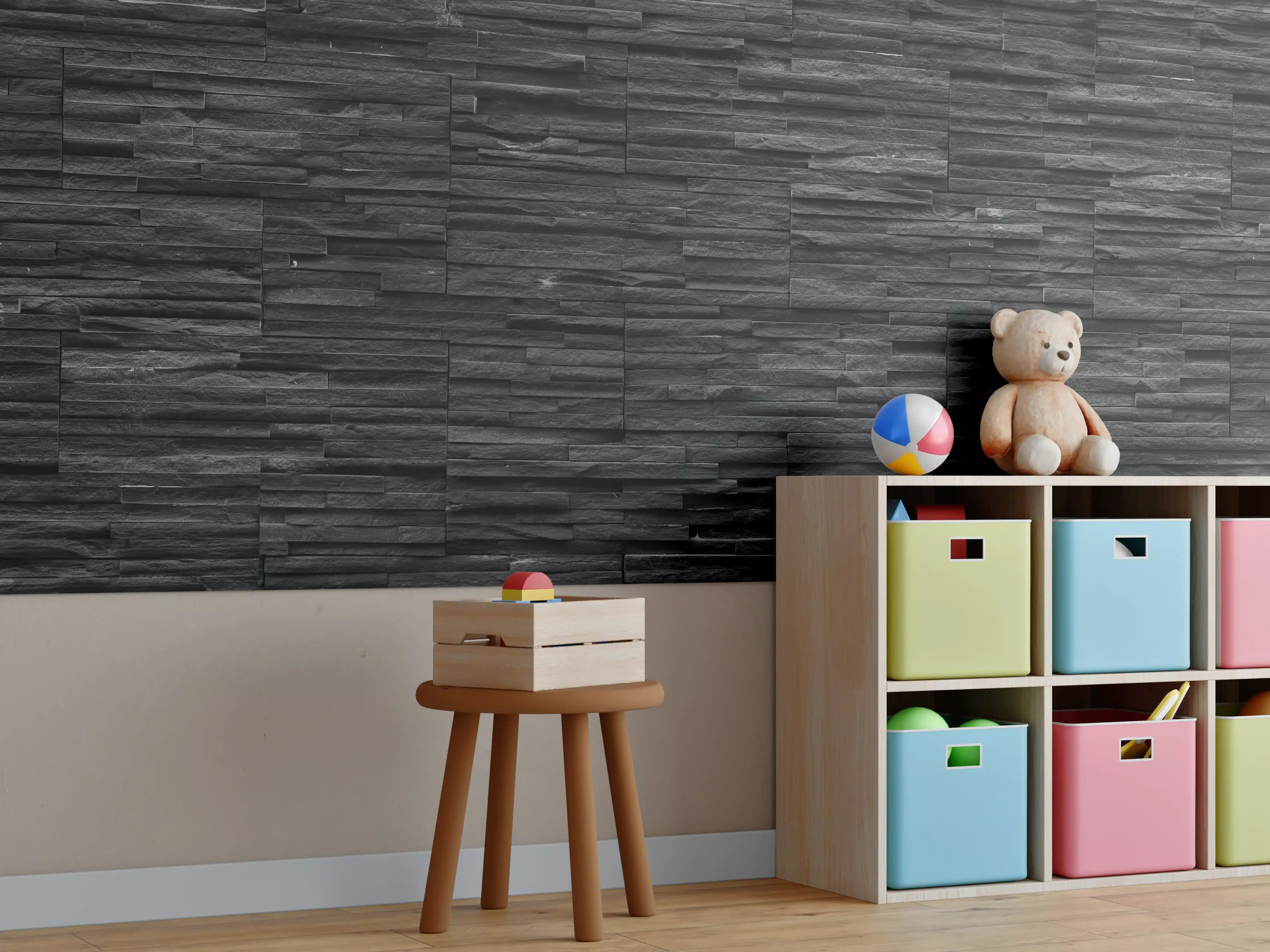 Kinderzimmer Wandgestaltung - Schwarze Schieferstein-Mauer