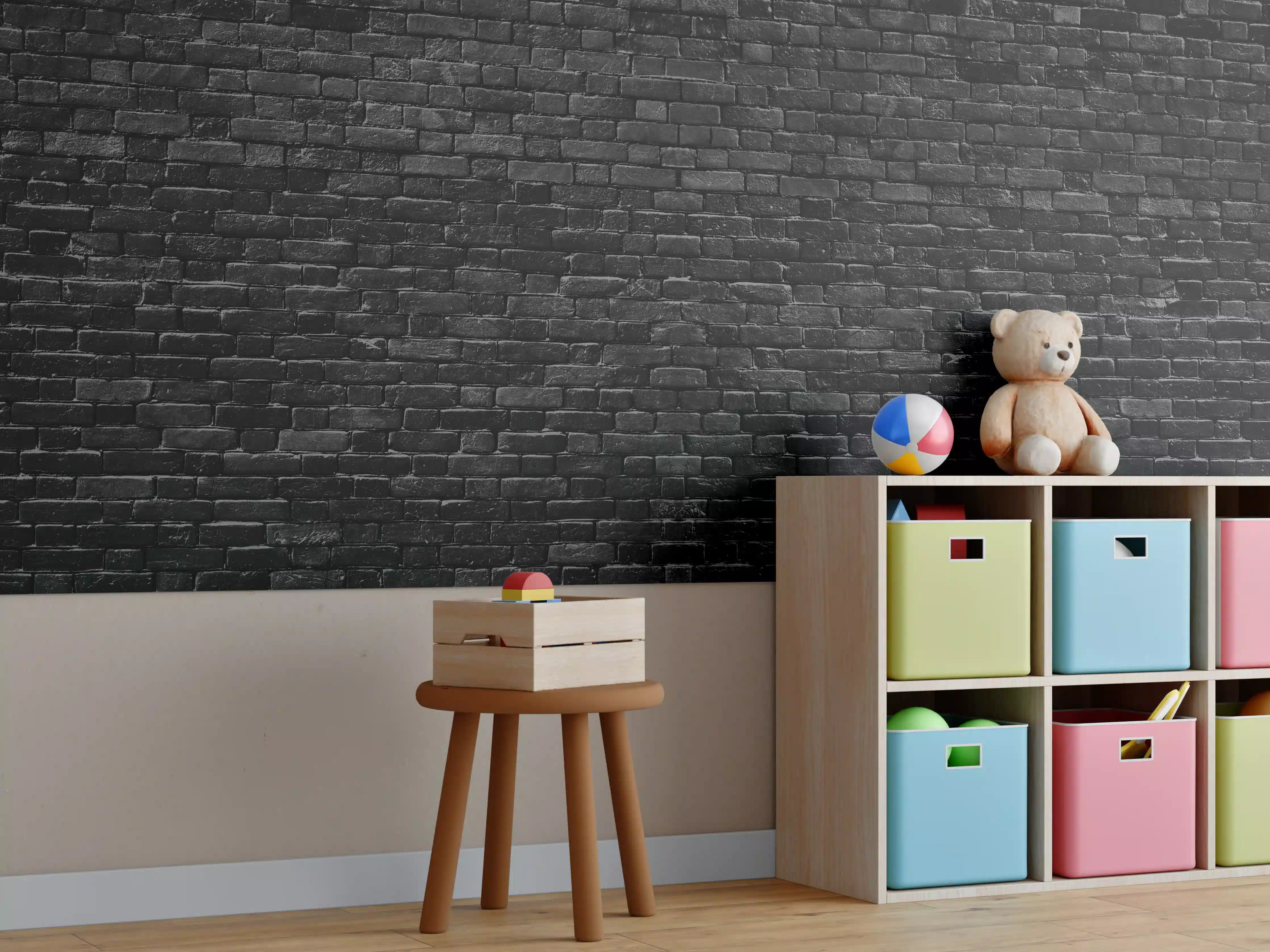 Kinderzimmer Wandgestaltung - Schwarze raue Ziegelwand