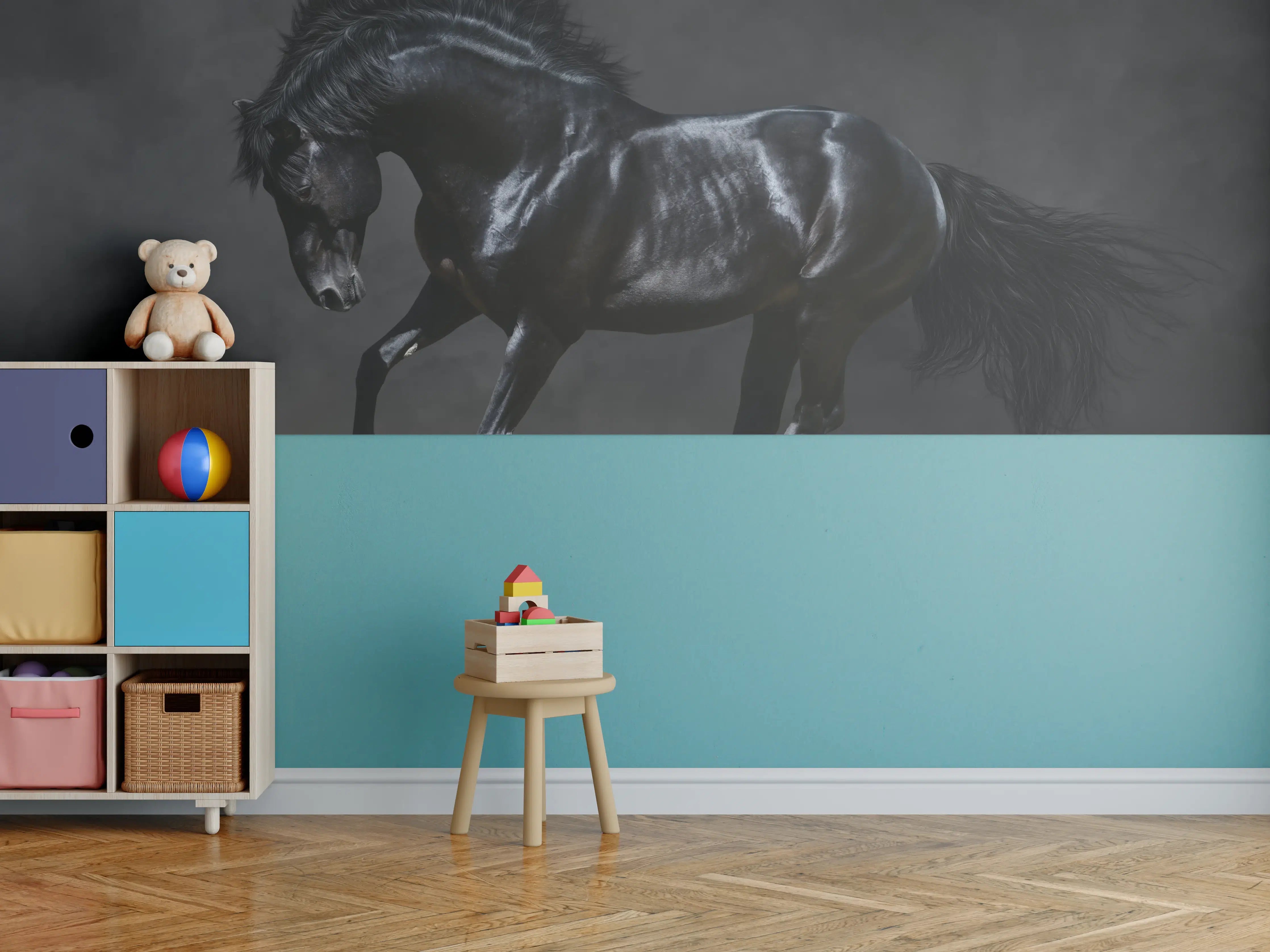 Kinderzimmer Wandgestaltung - Schwarzer Hengst auf dunklem Hintergrund