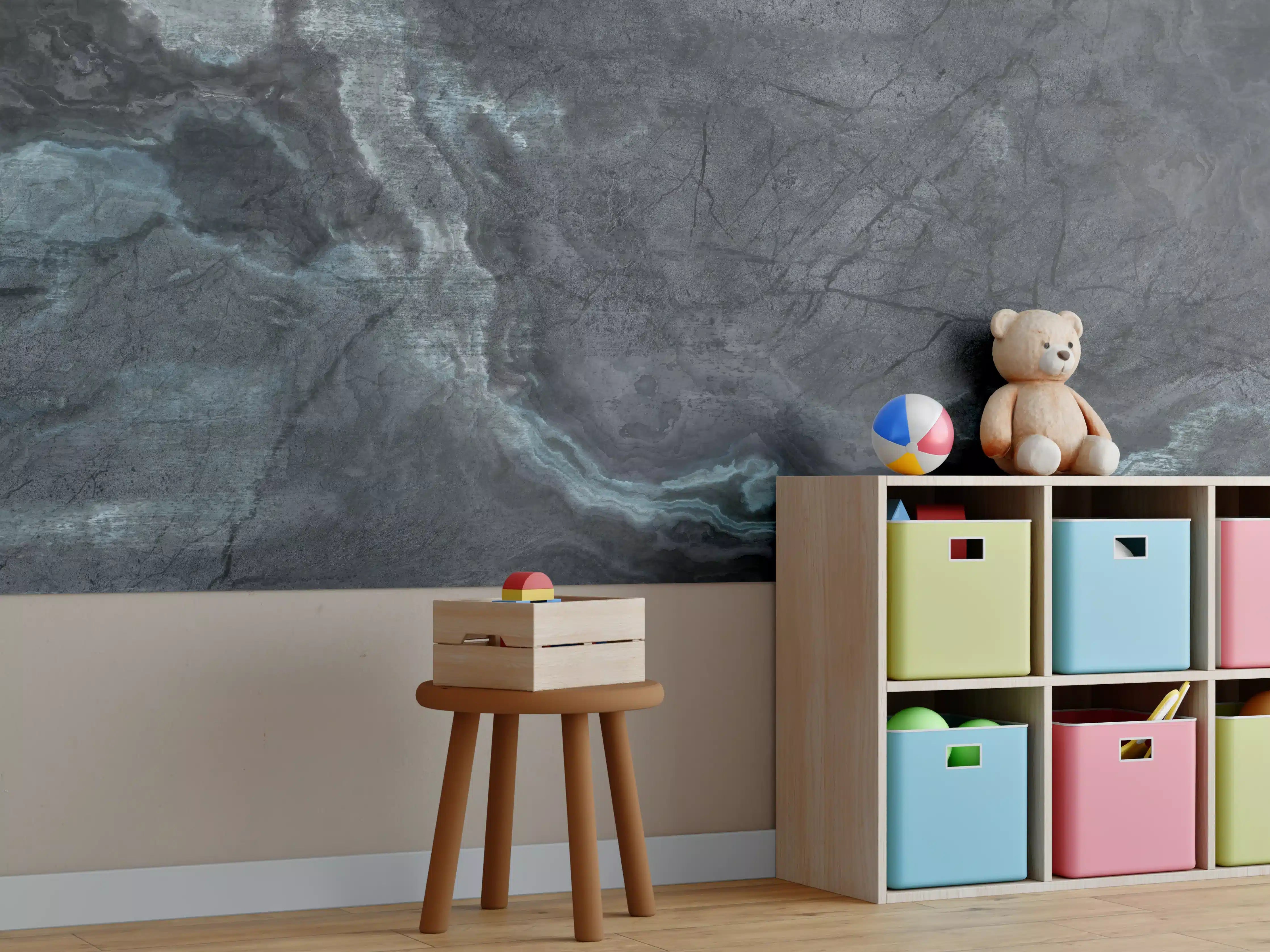 Kinderzimmer Wandgestaltung - Schwarzer Naturstein mit grauen Adern