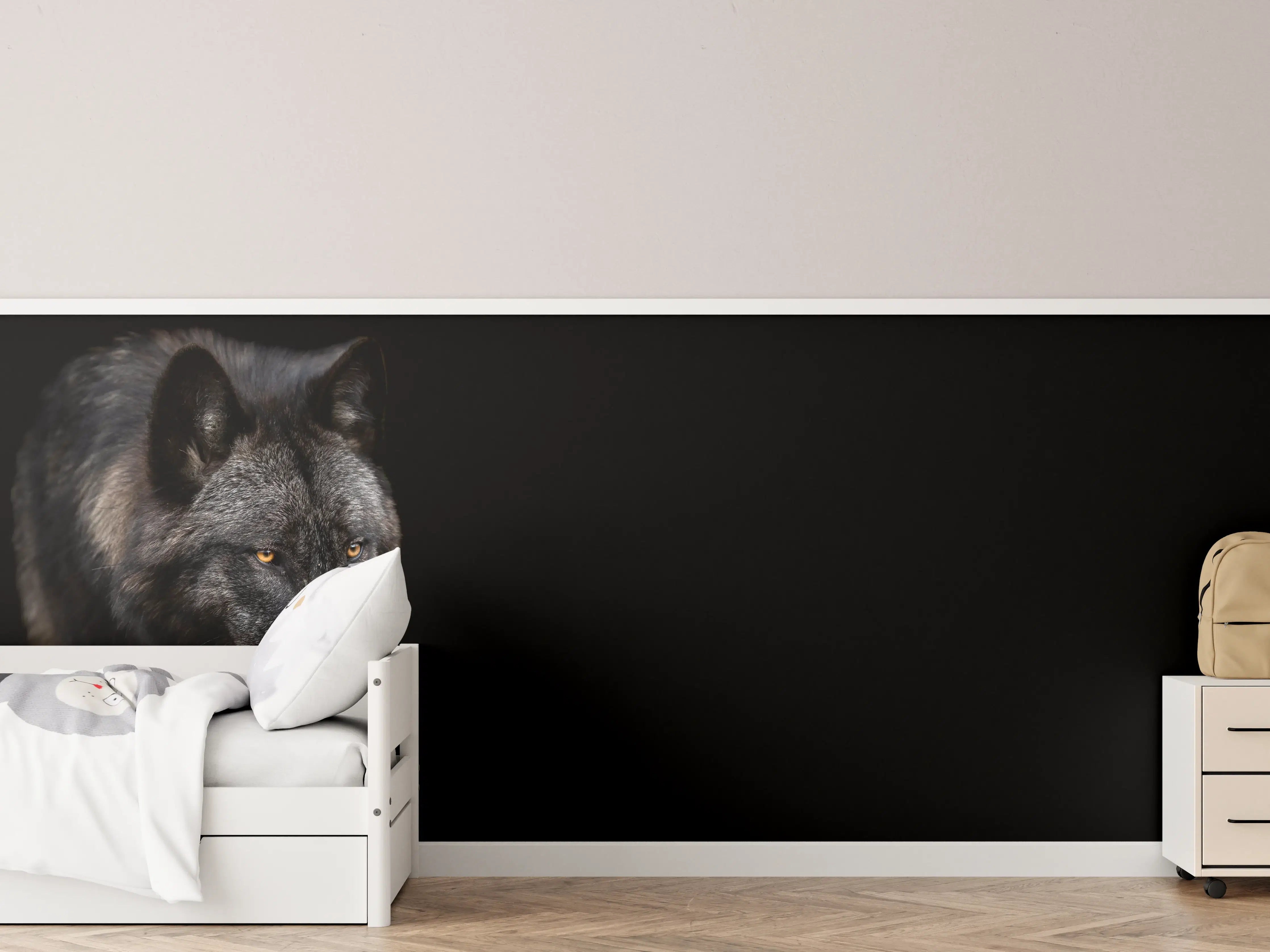 Kinderzimmer Wandgestaltung - Schwarzer Wolf auf schwarzem Hintergrund
