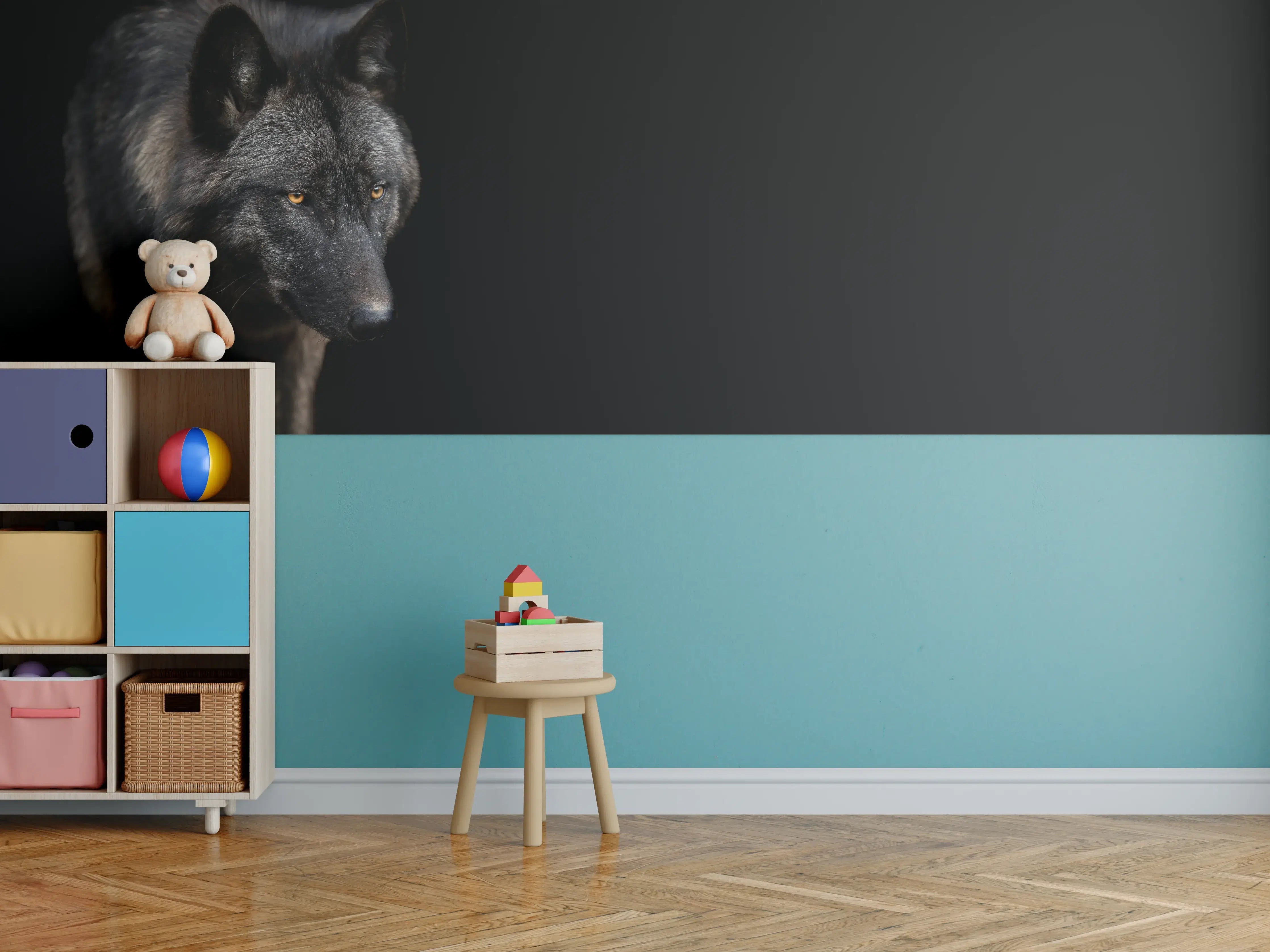 Kinderzimmer Wandgestaltung - Schwarzer Wolf auf schwarzem Hintergrund