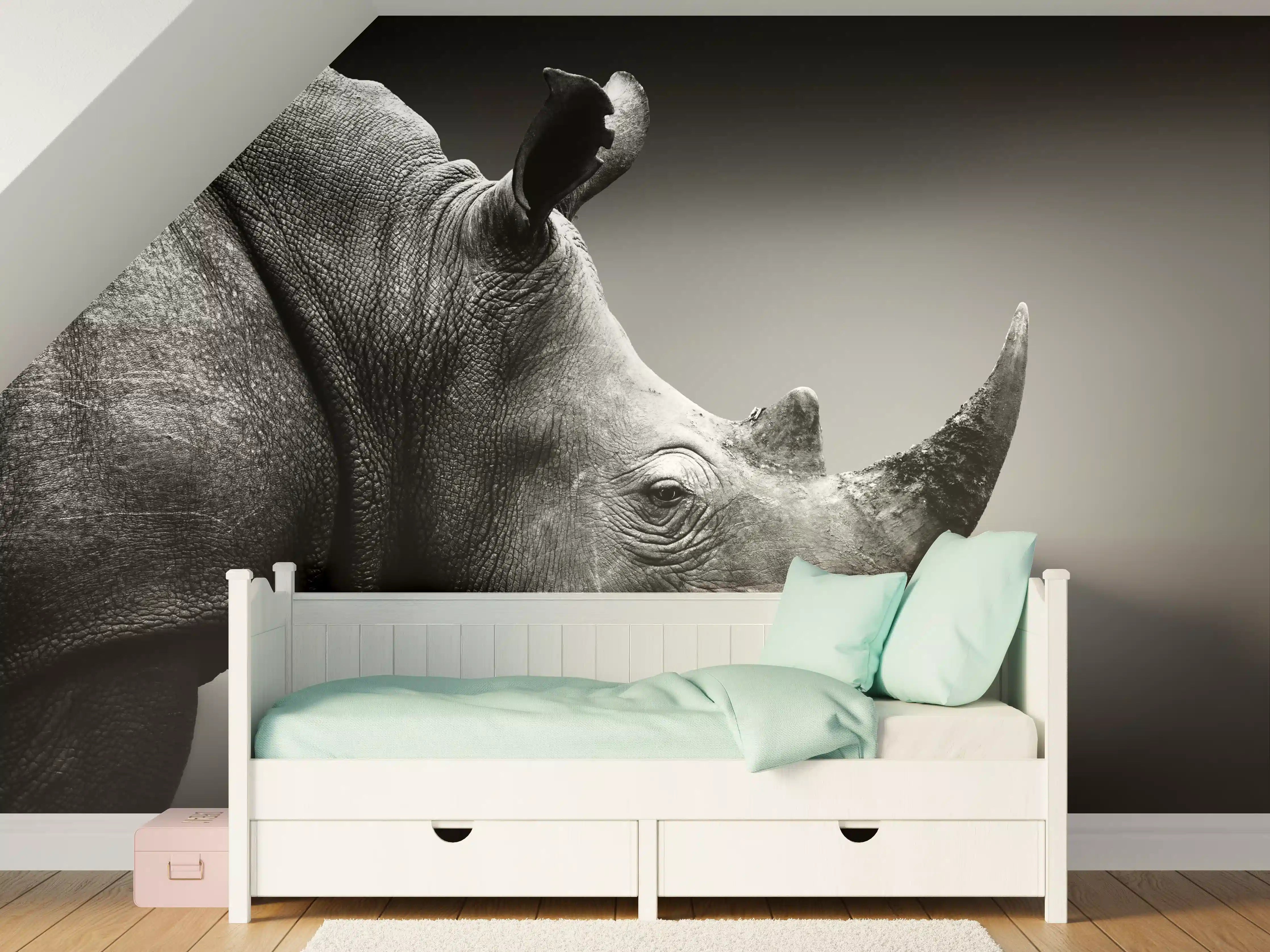 Kinderzimmer Wandgestaltung - Schwarzes Nashorn in Schwarzweißfotografie