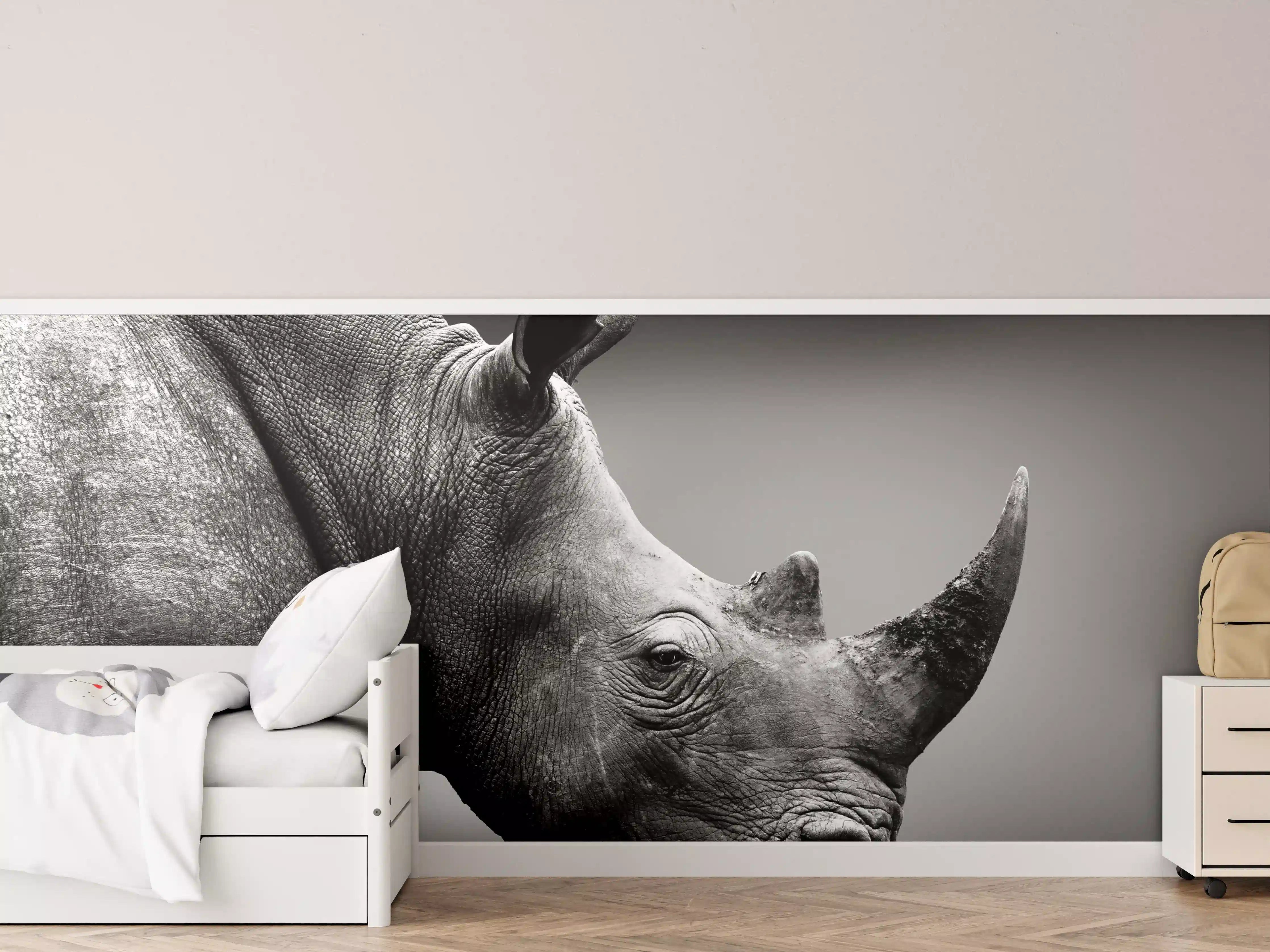 Kinderzimmer Wandgestaltung - Schwarzes Nashorn in Schwarzweißfotografie