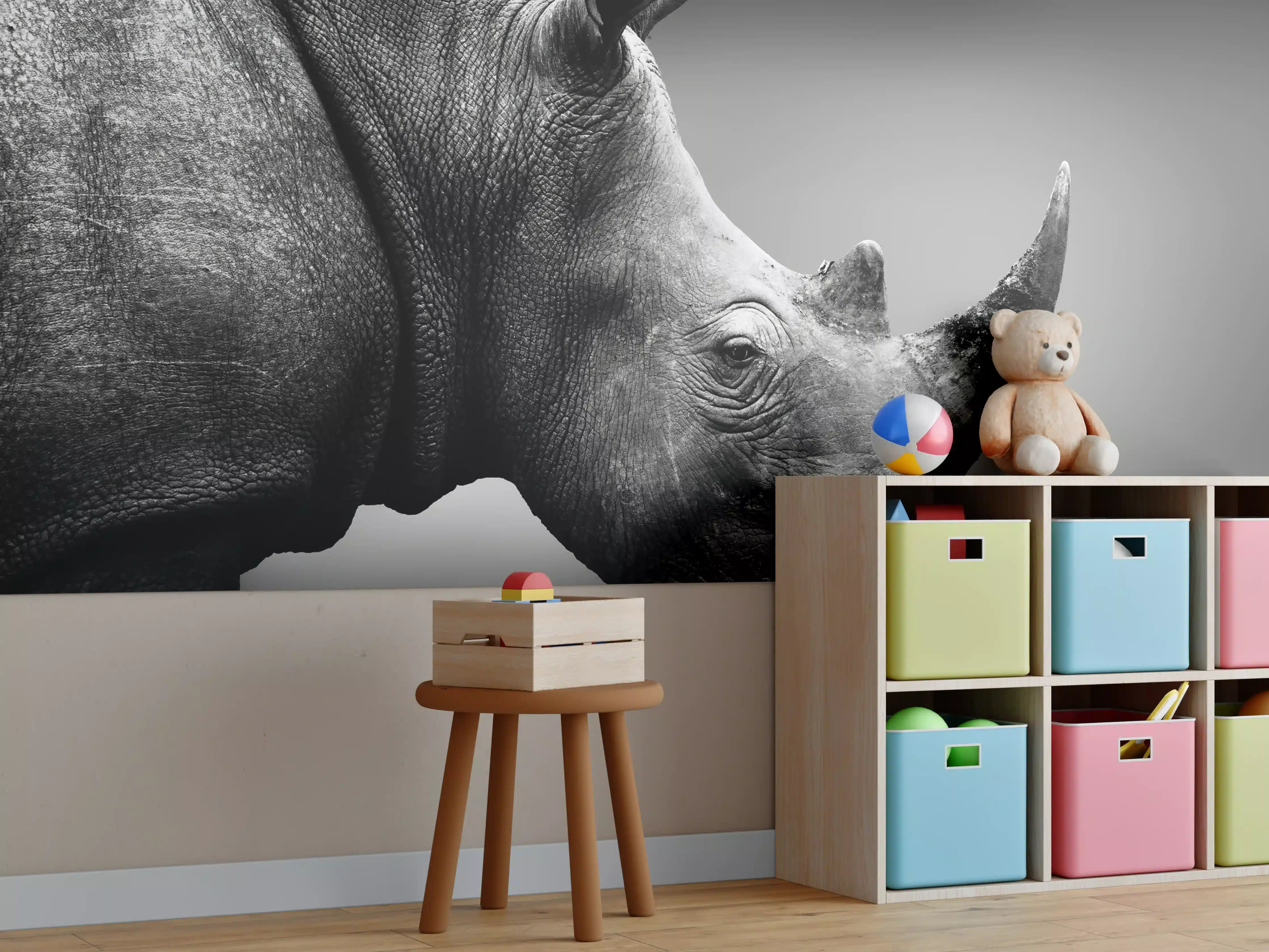 Kinderzimmer Wandgestaltung - Schwarzes Nashorn in Schwarzweißfotografie
