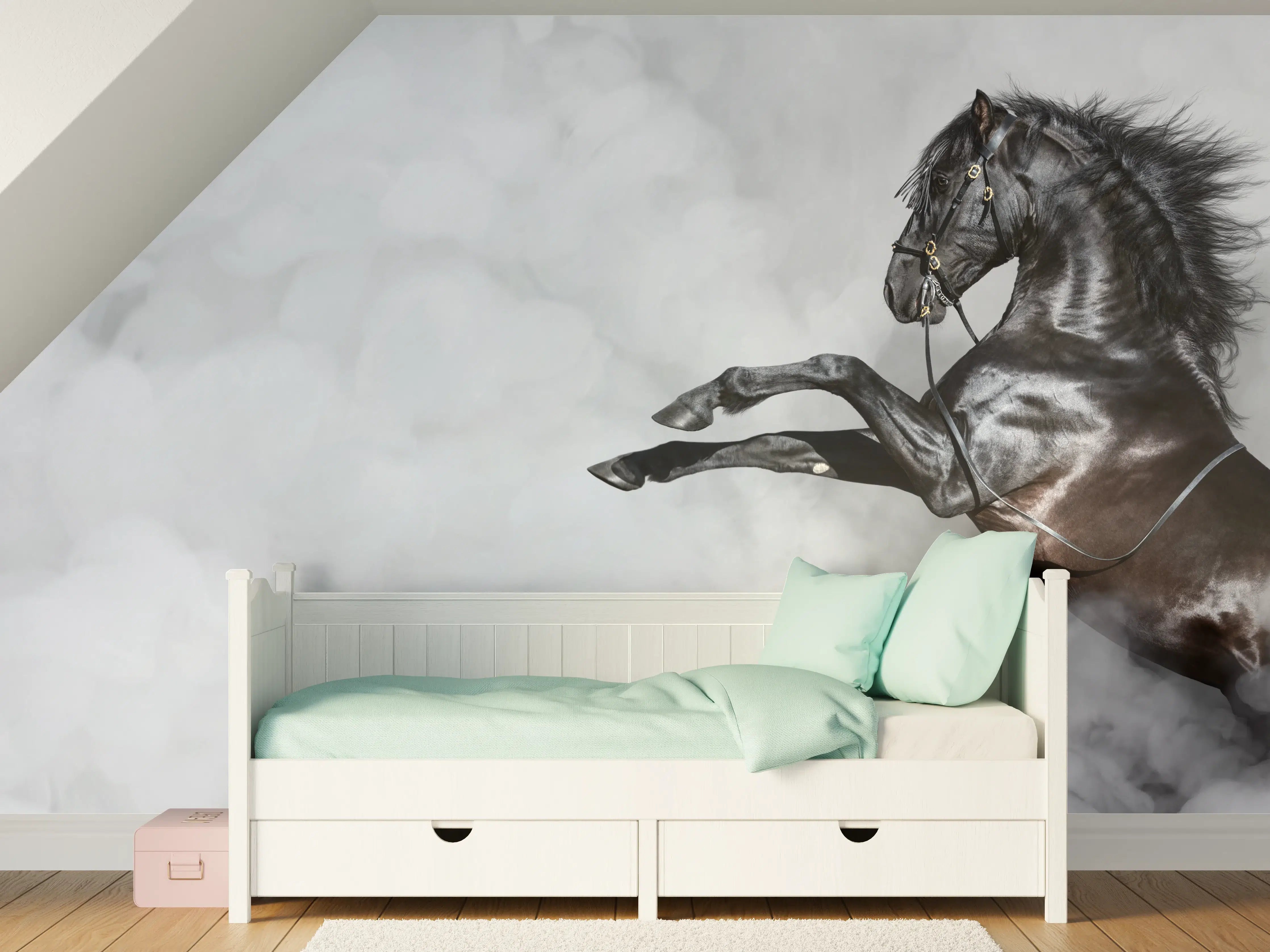 Kinderzimmer Wandgestaltung - Schwarzes Pferd im Nebel Kunstbild