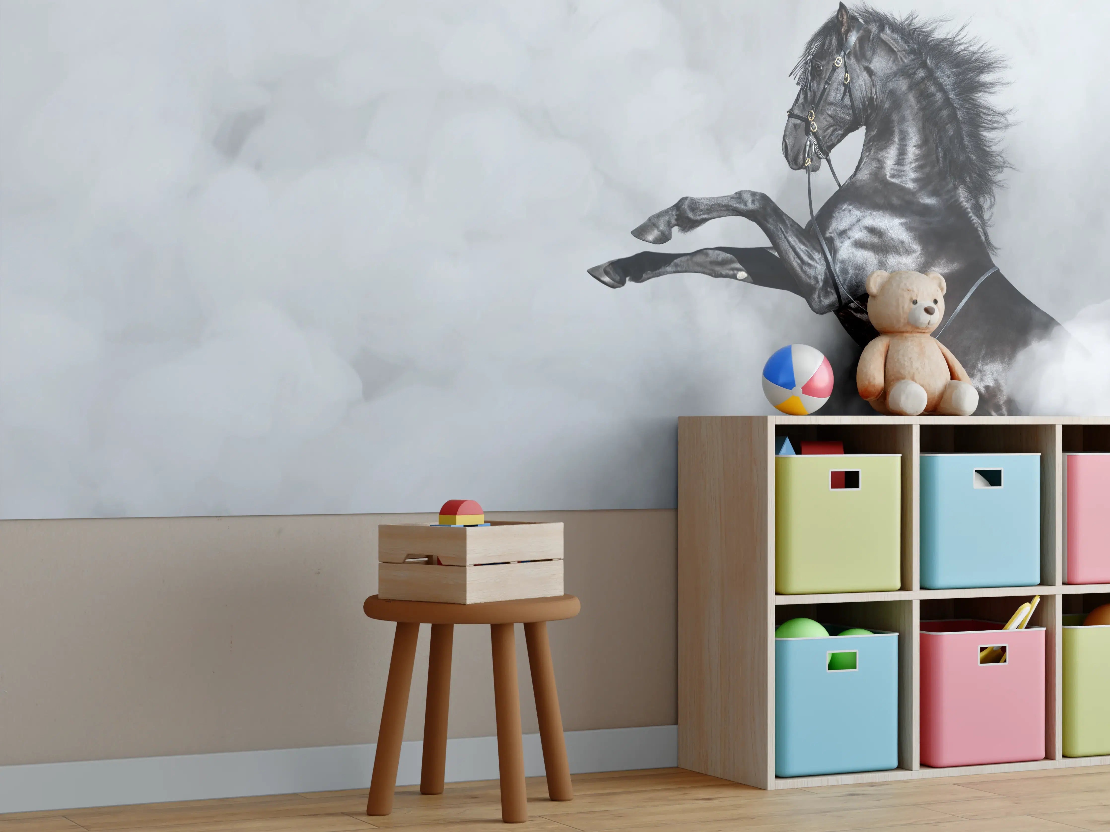 Kinderzimmer Wandgestaltung - Schwarzes Pferd im Nebel Kunstbild