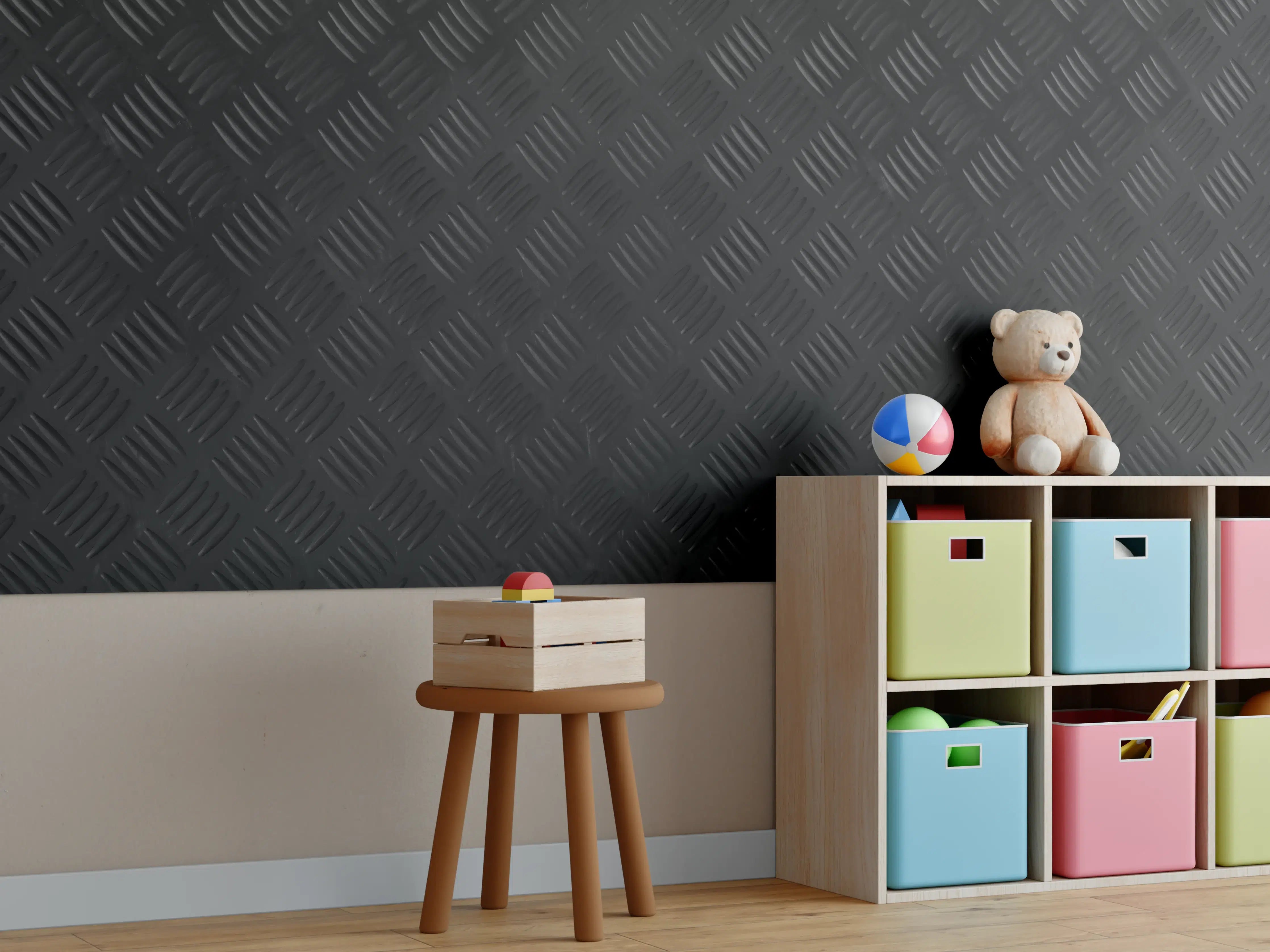 Kinderzimmer Wandgestaltung - Schwarzes Riffelblech Abstraktes Muster