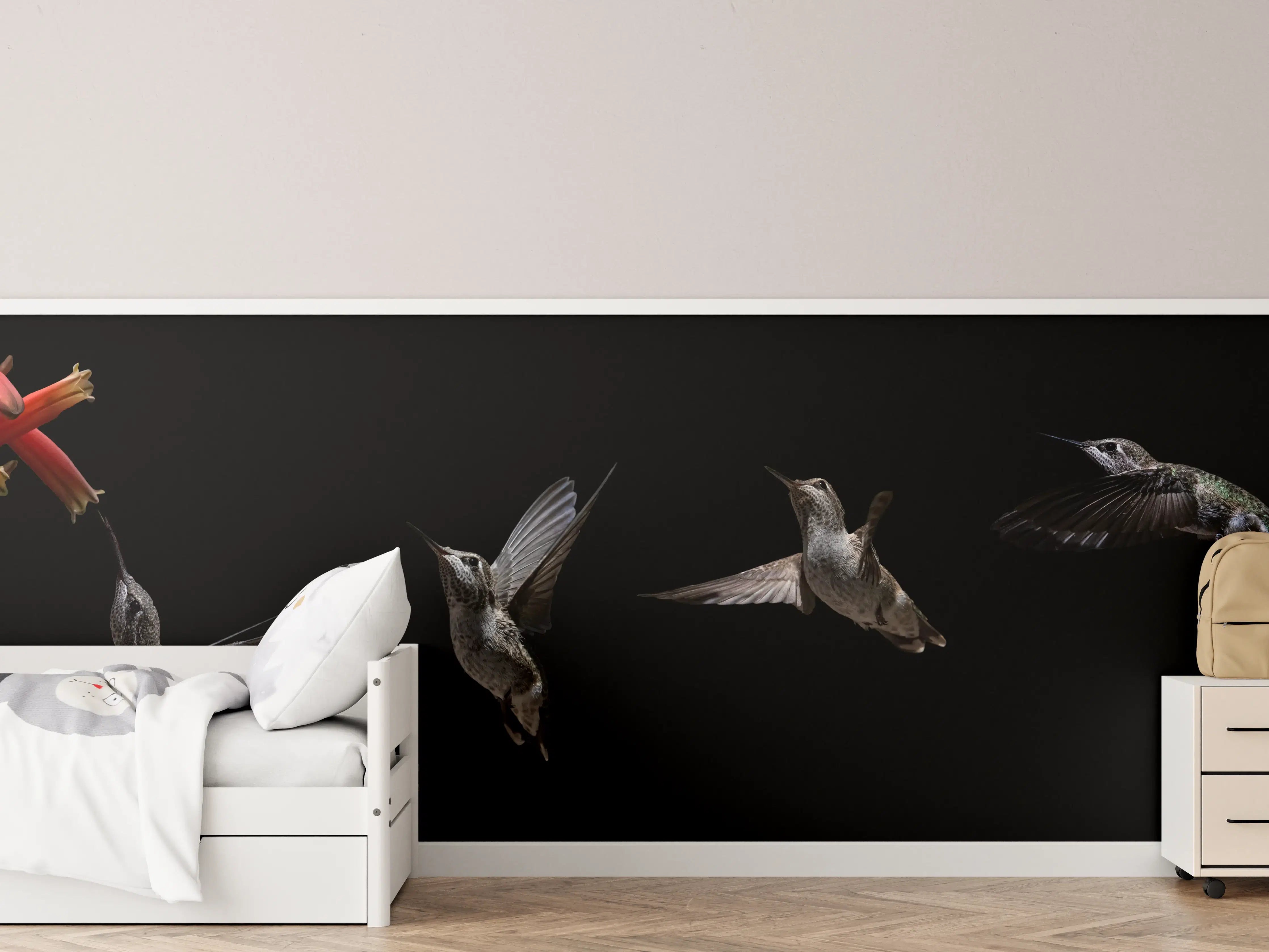 Kinderzimmer Wandgestaltung - Schwarzkinnkolibri Vogel mit Schwarzem Hintergrund