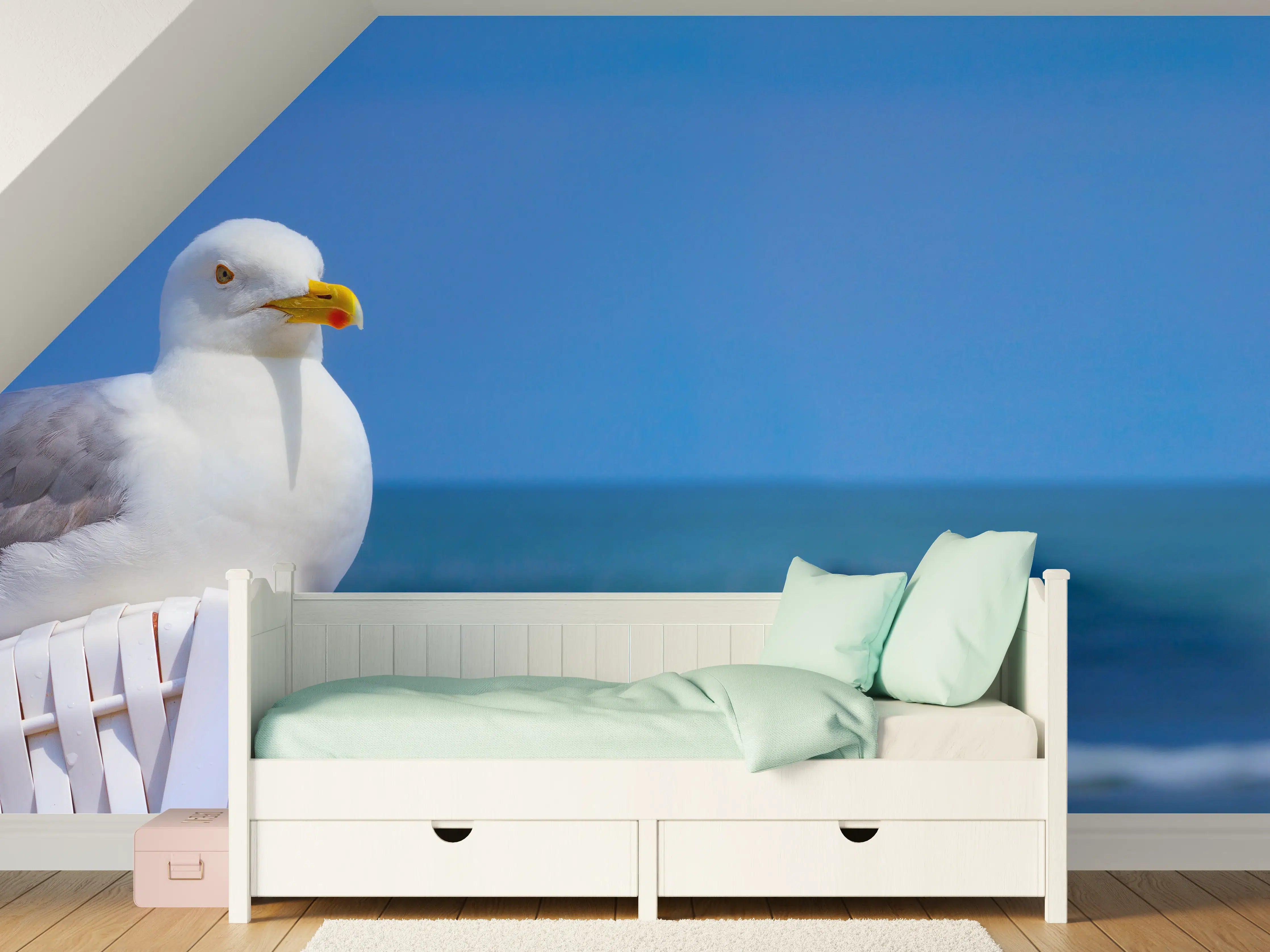 Kinderzimmer Wandgestaltung - Seegull am Strand mit blauem Hintergrund