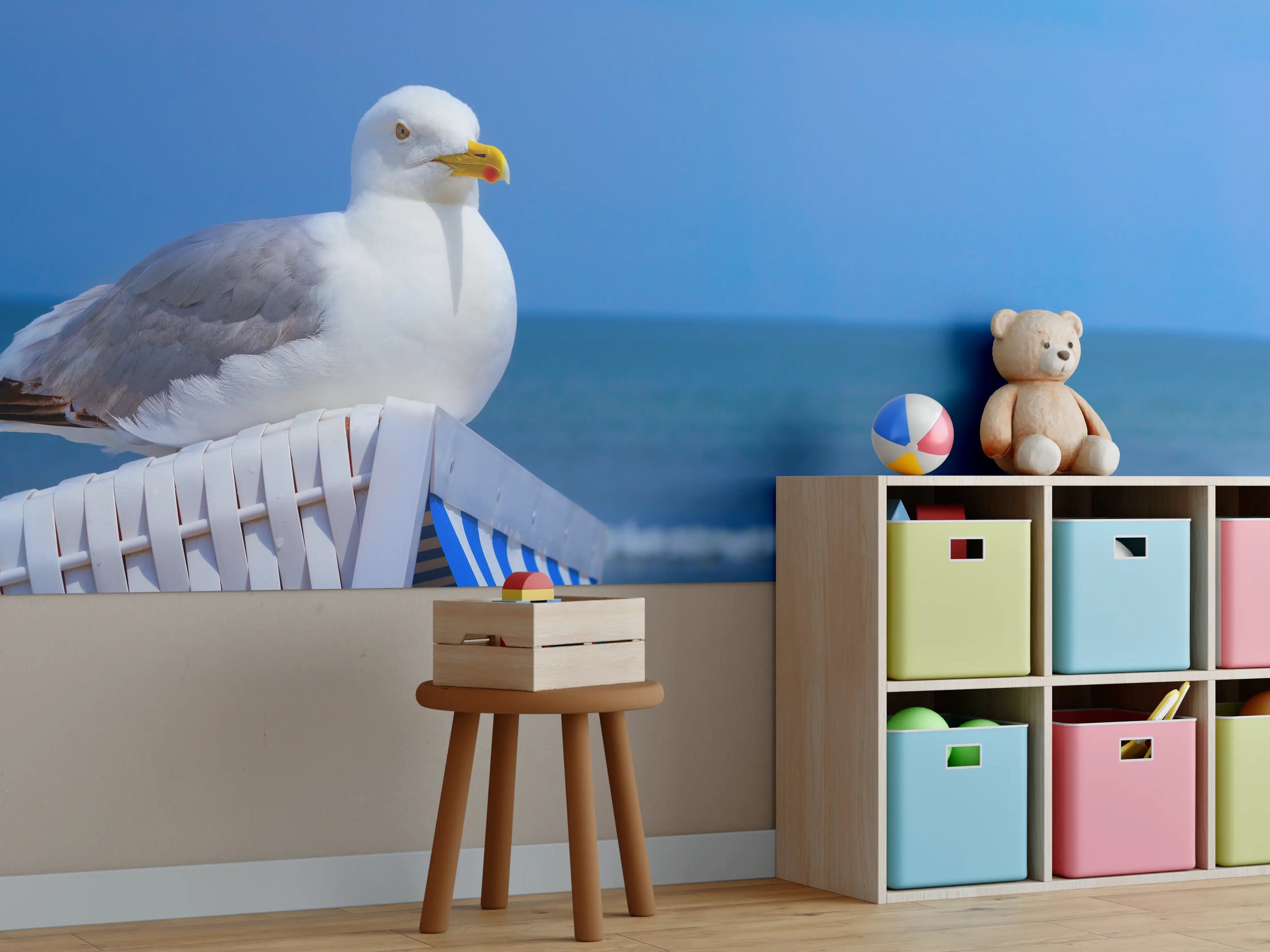Kinderzimmer Wandgestaltung - Seegull am Strand mit blauem Hintergrund