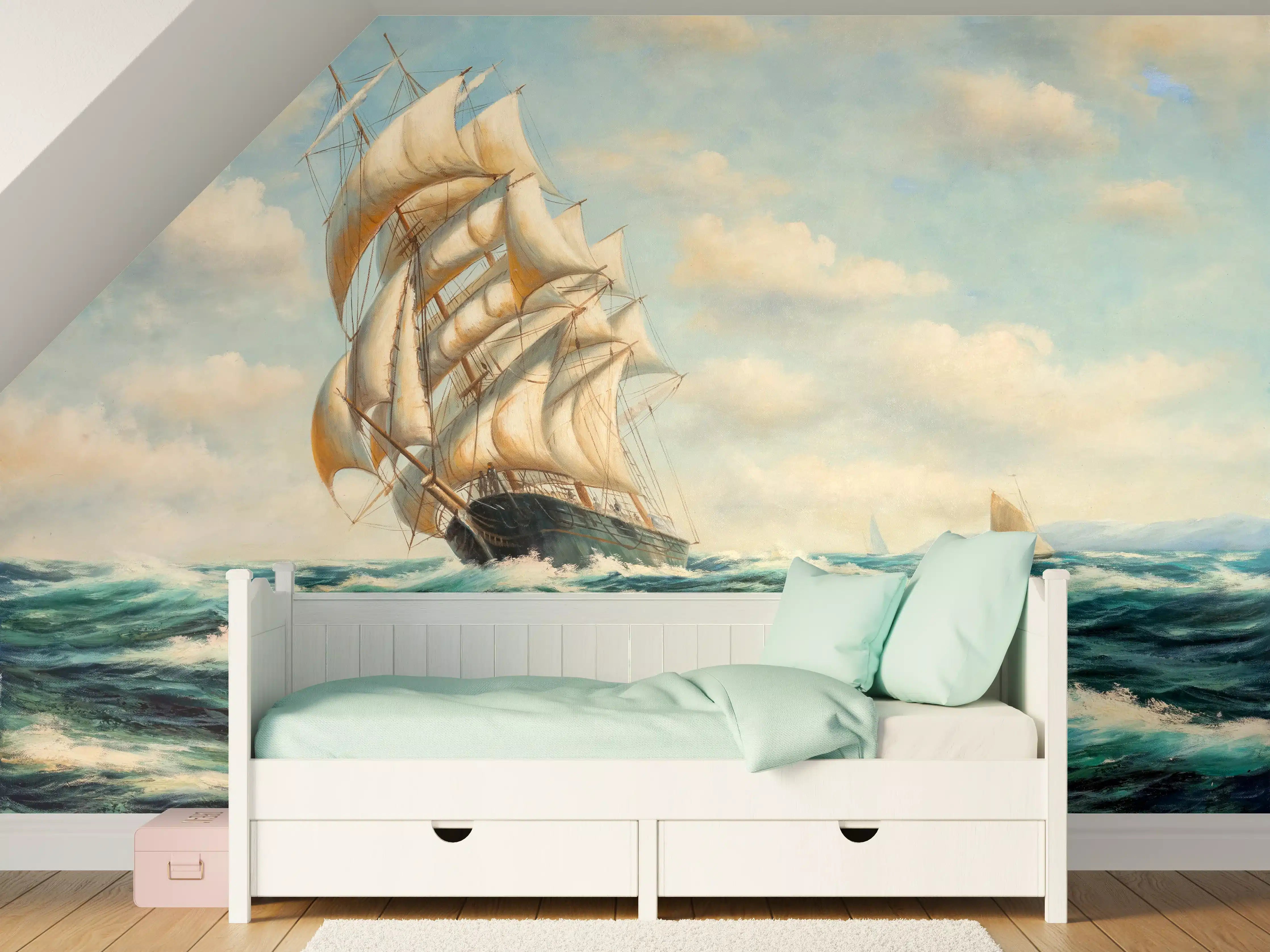 Kinderzimmer Wandgestaltung - Segelschiff auf hoher See - Ölgemälde 