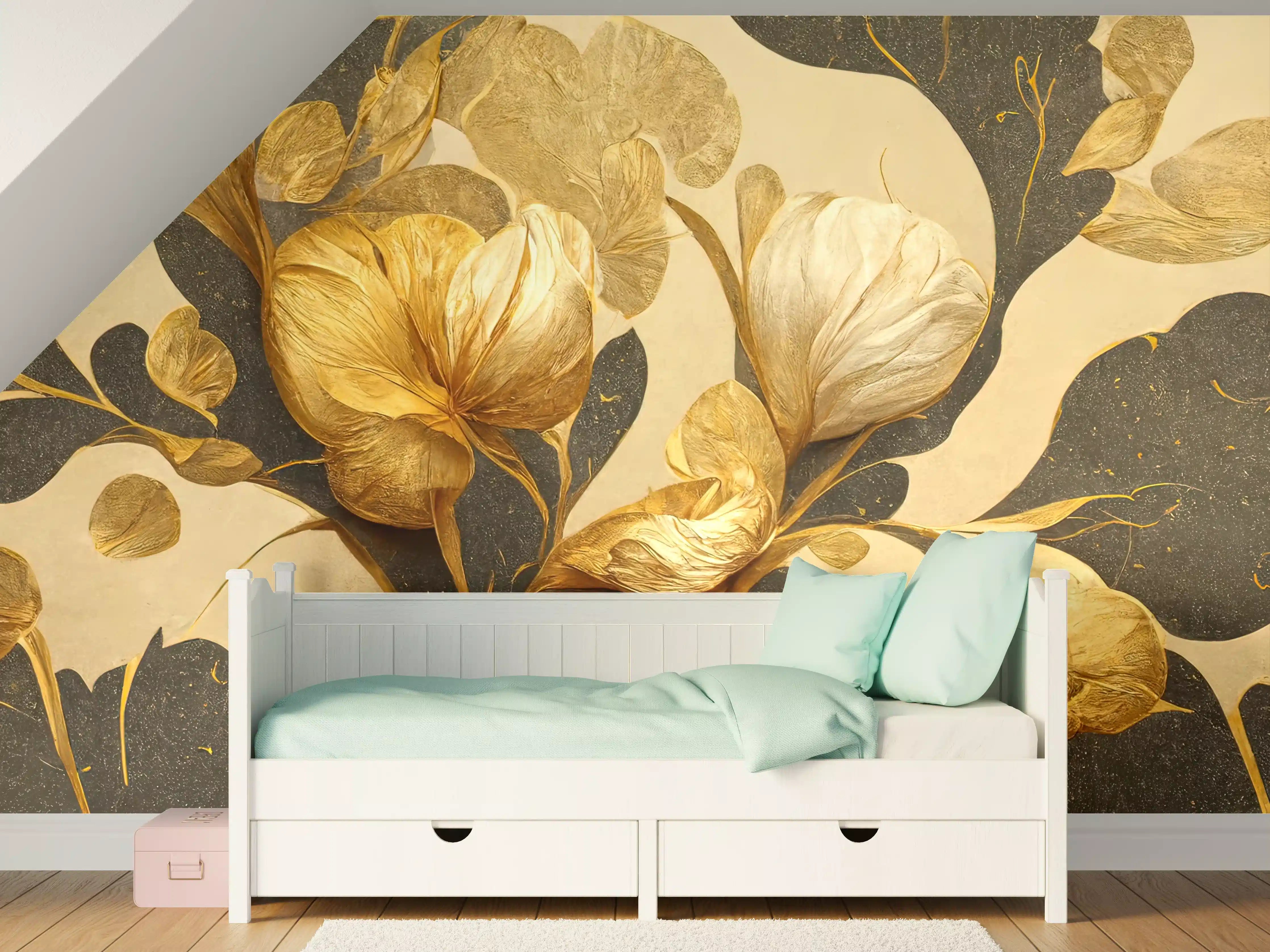 Kinderzimmer Wandgestaltung - Silberne Blüten auf dunklem Grau