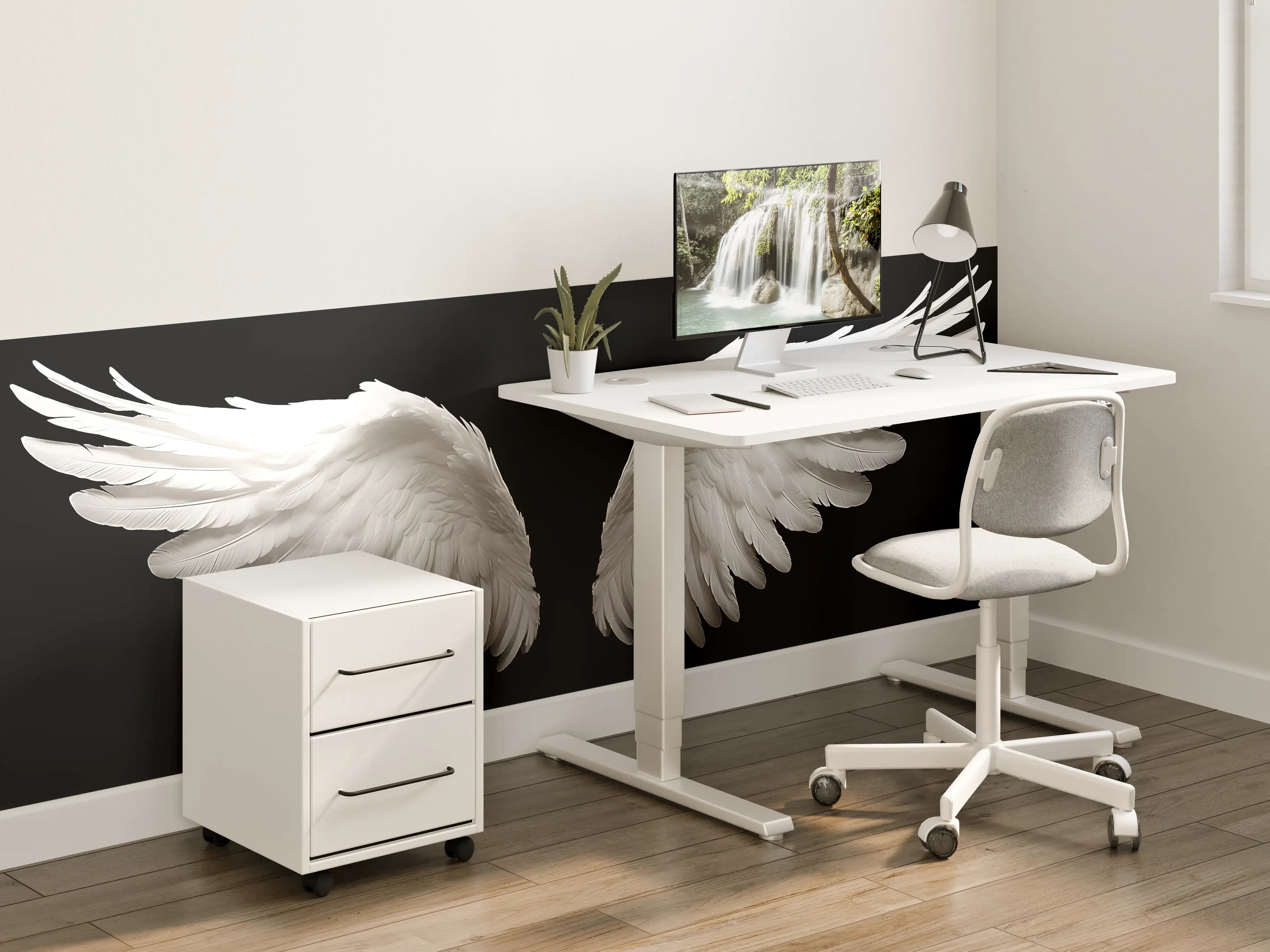 Kinderzimmer Wandgestaltung - Silberne Engelsflügel vor dunklem Grau