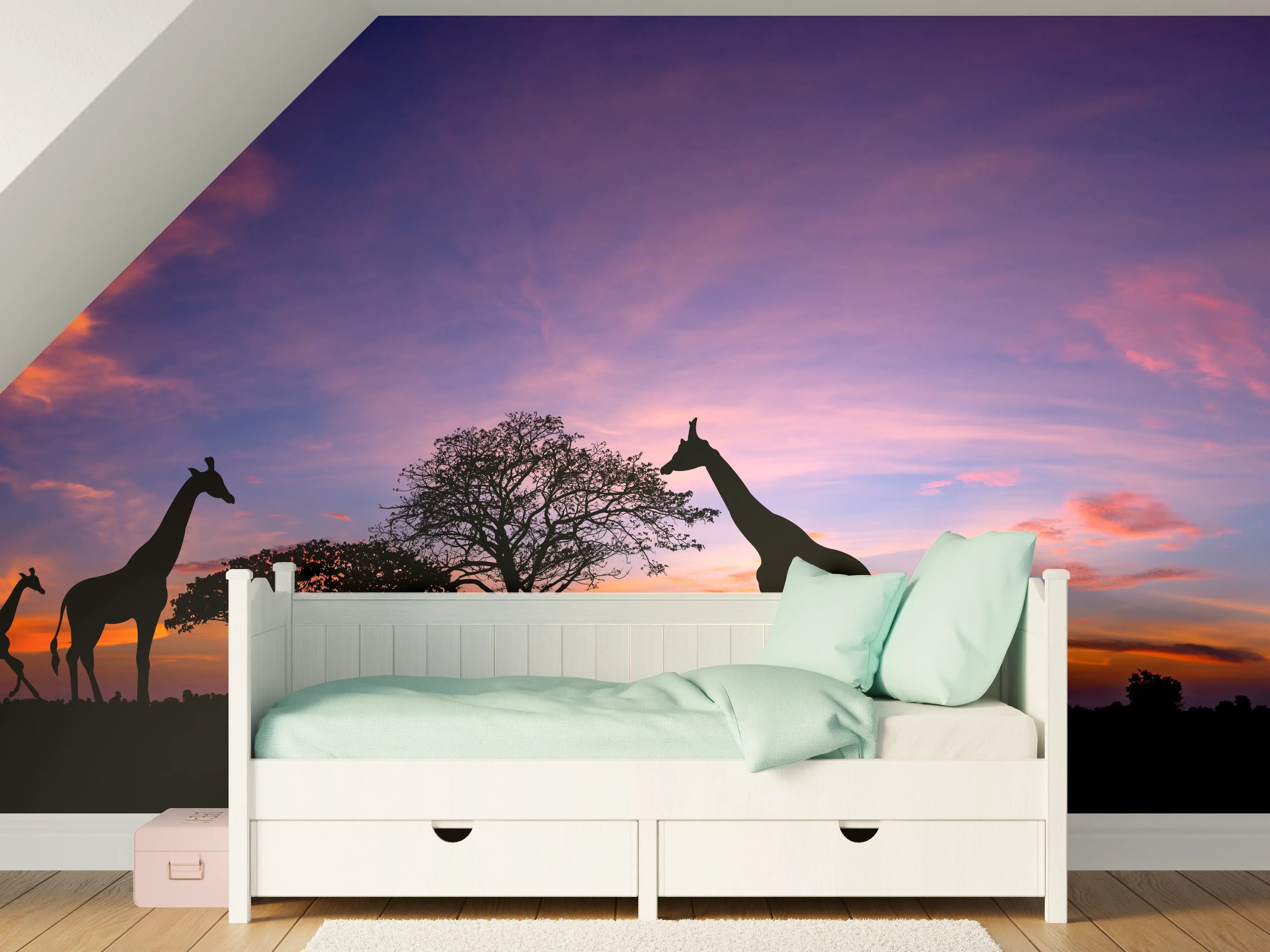 Kinderzimmer Wandgestaltung - Silhouette - Giraffenfamilie bei Sonnenuntergang