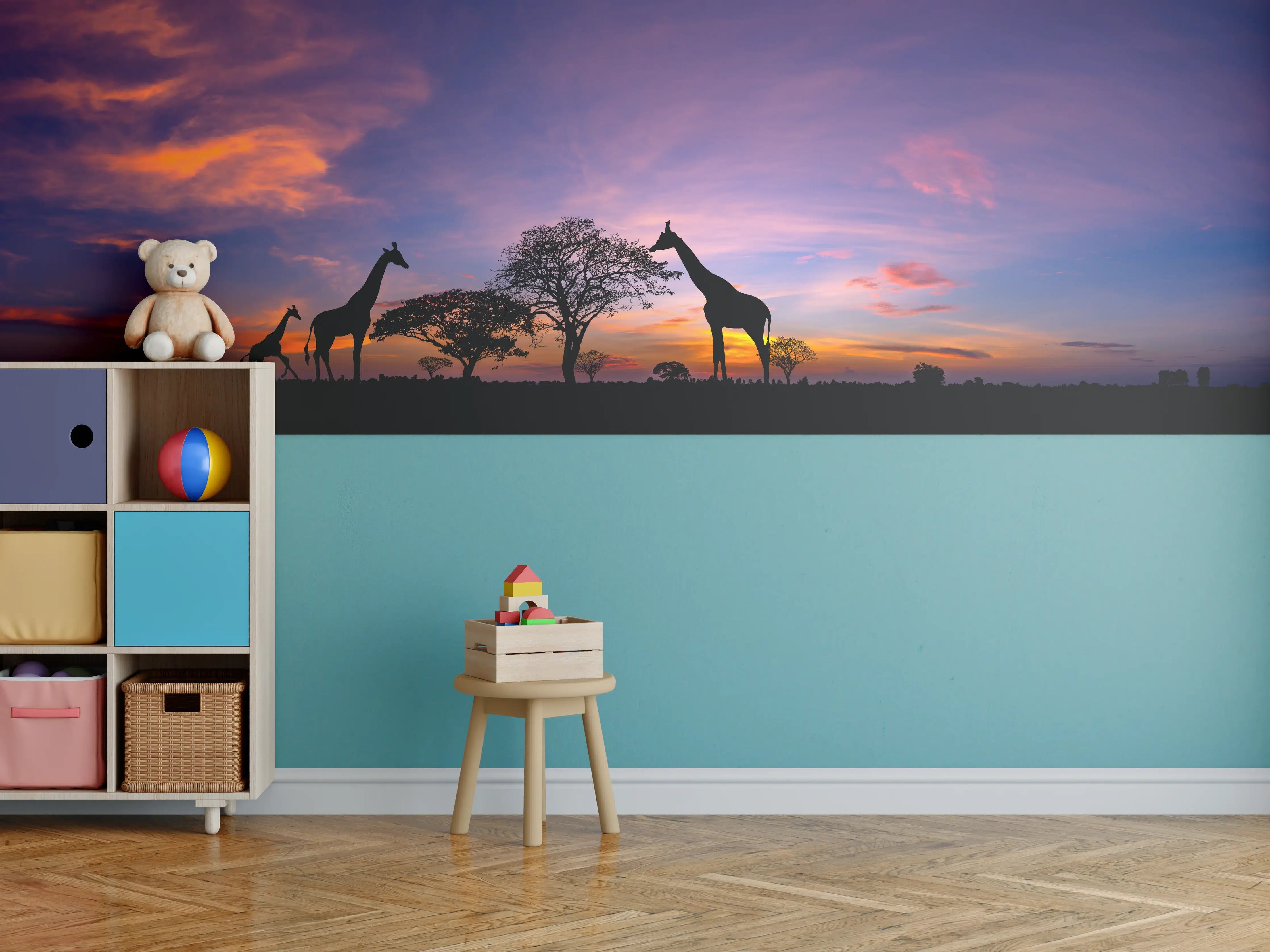 Kinderzimmer Wandgestaltung - Silhouette - Giraffenfamilie bei Sonnenuntergang