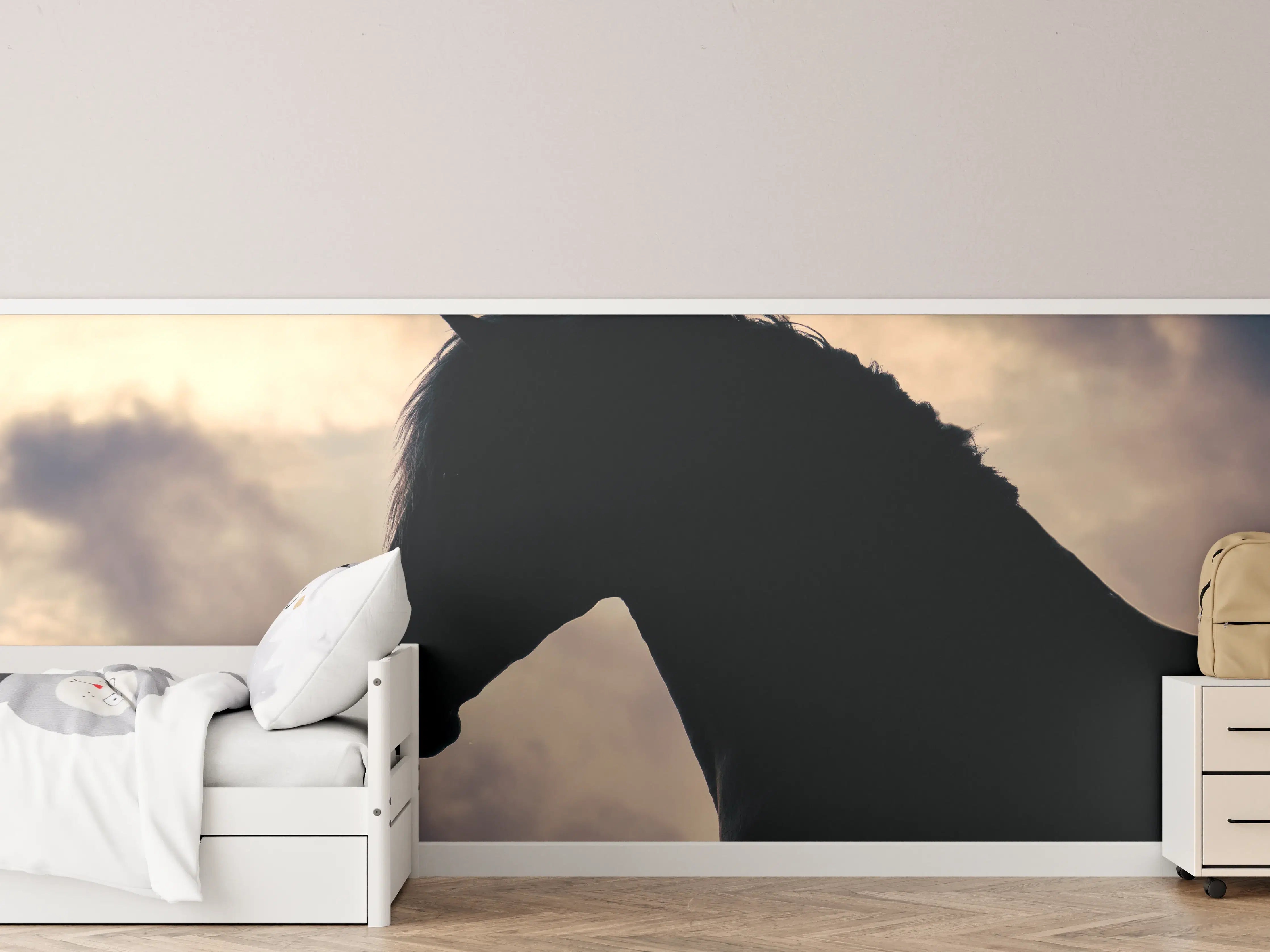 Kinderzimmer Wandgestaltung - Silhouette eines Pferdes vor sunset Himmel