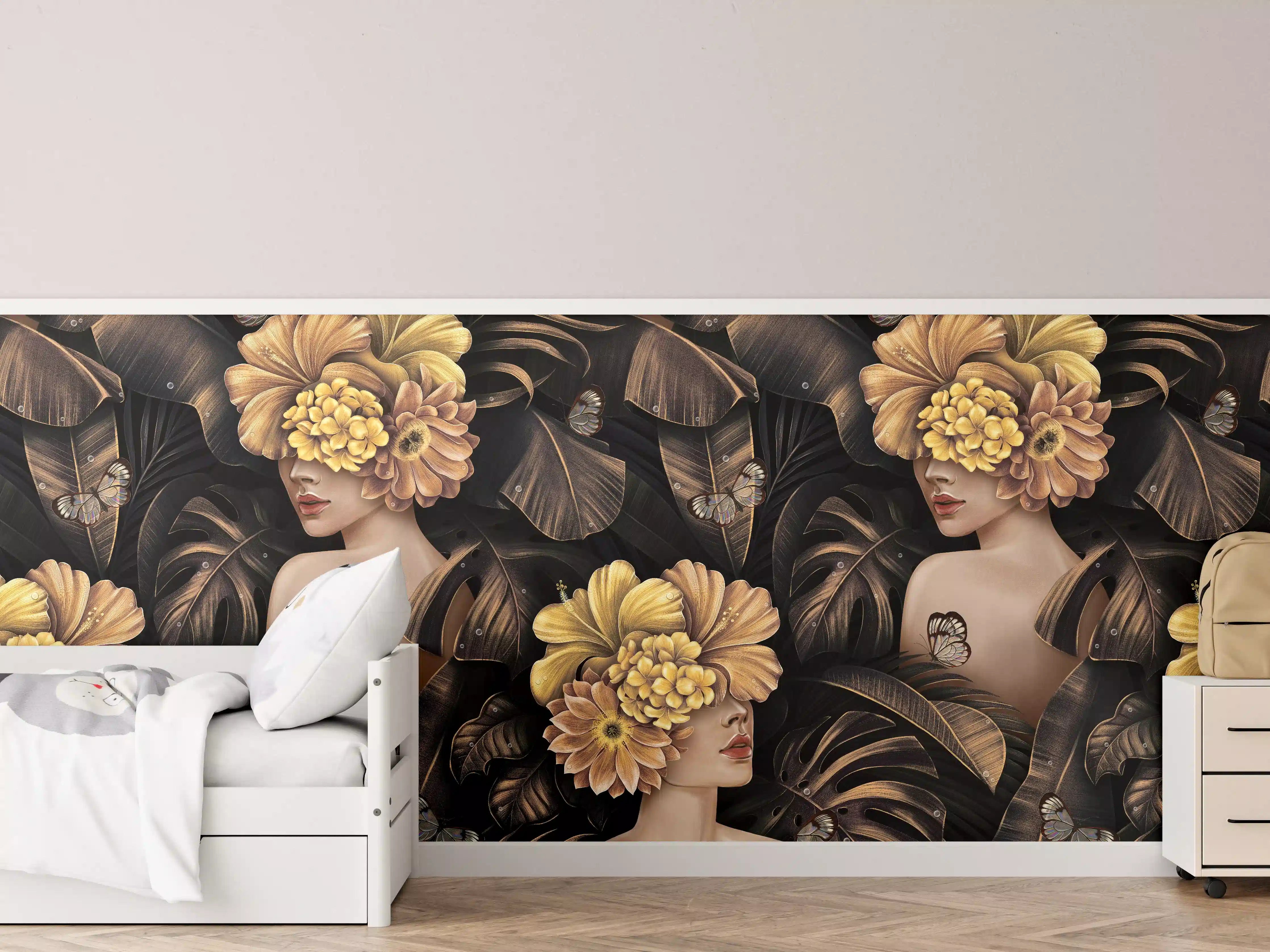 Kinderzimmer Wandgestaltung - Sinnlicher Blumen-Mix mit dunklem Hintergrund